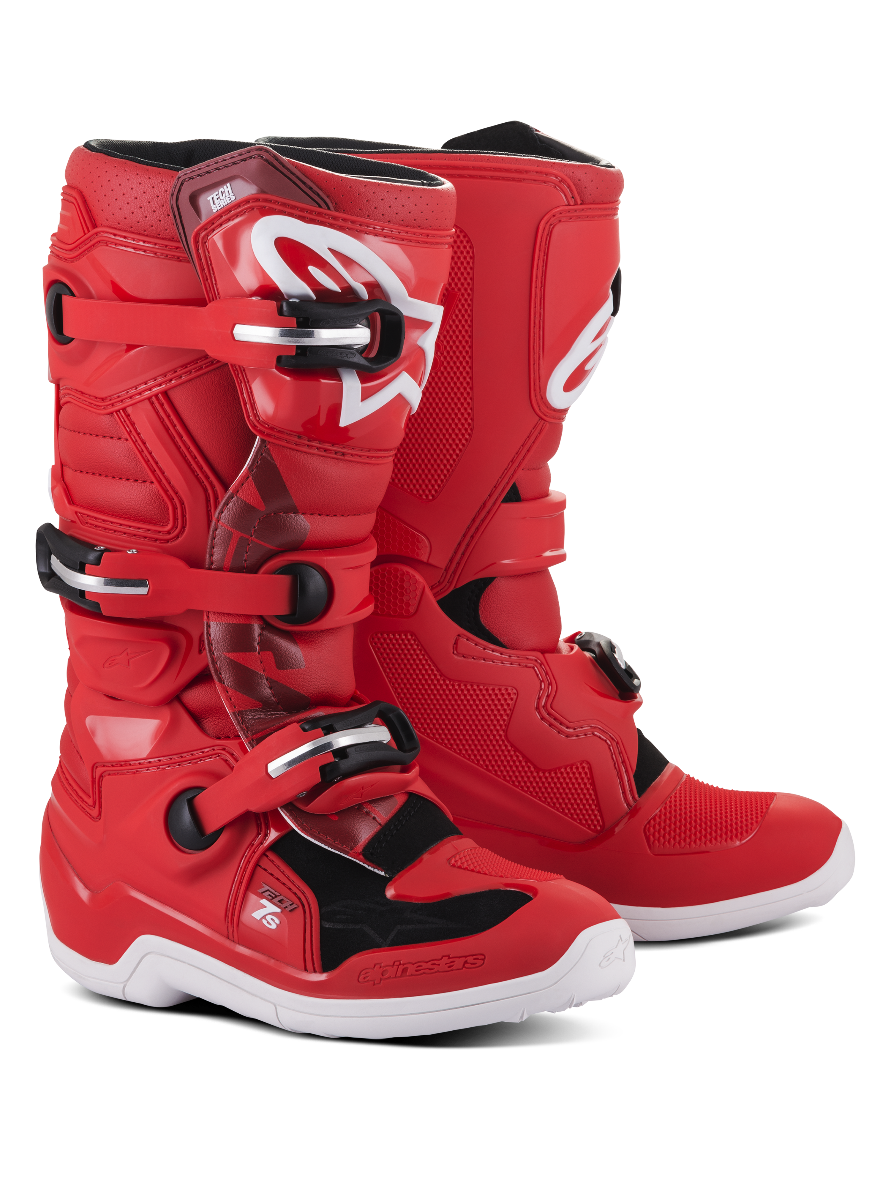 Alpinestars Youth Tech 7S Boots, stivali da motocross rossi con accenti bianchi e neri, dotati di sistema di chiusura a tre fibbie, logo Alpinestars bianco sullo stinco e suola bianca resistente