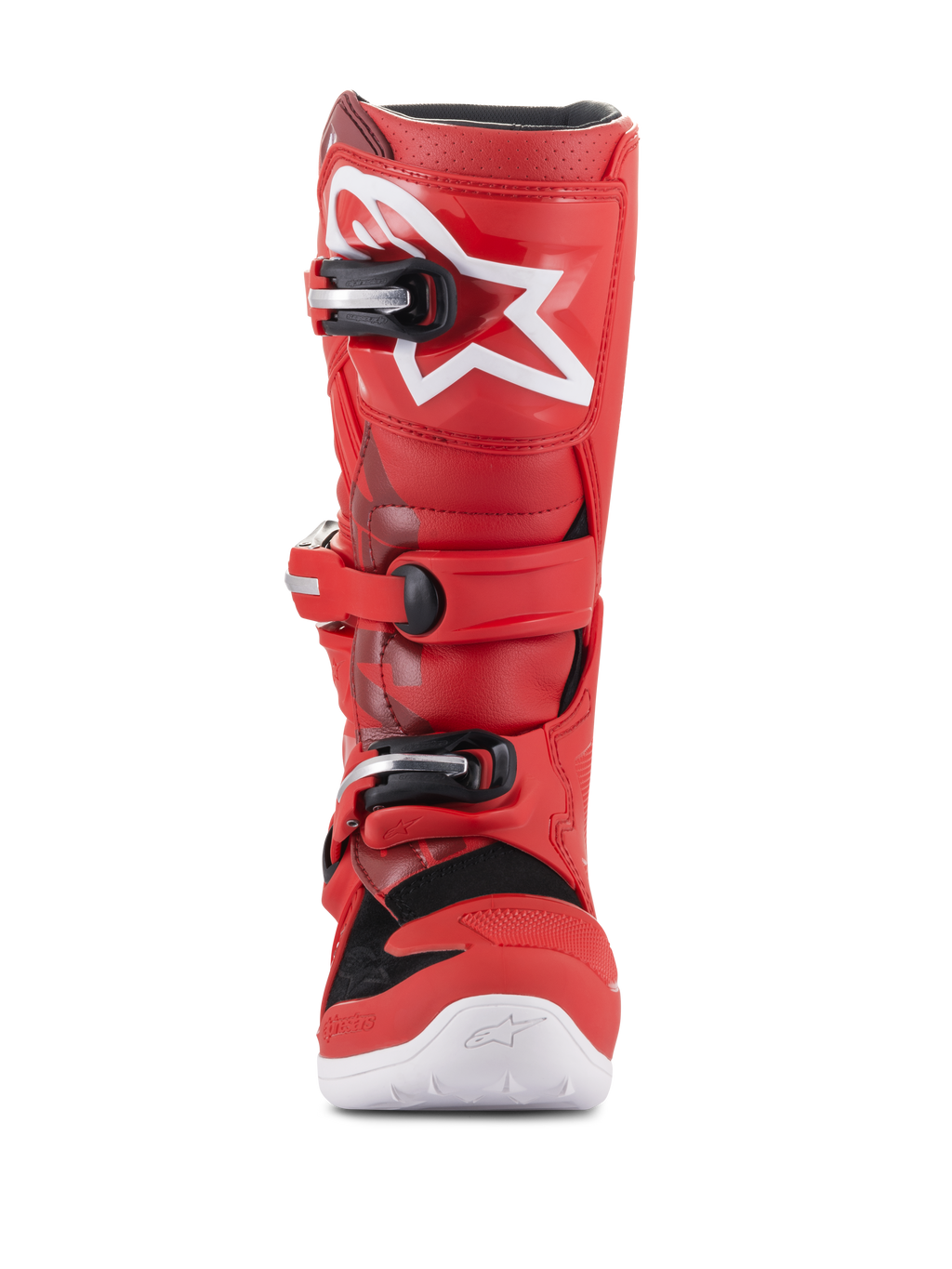 Stivali Alpinestars Youth Tech 7S, stivali da motocross per ragazzi, rosso, con logo a stella bianco sullo stinco, sistema di chiusura con fibbie nero e argento, suola bianca, costruzione resistente per il fuoristrada, vista frontale