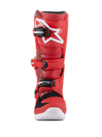Stivali Alpinestars Youth Tech 7S, stivali da motocross per ragazzi, rosso, con logo a stella bianco sullo stinco, sistema di chiusura con fibbie nero e argento, suola bianca, costruzione resistente per il fuoristrada, vista frontale