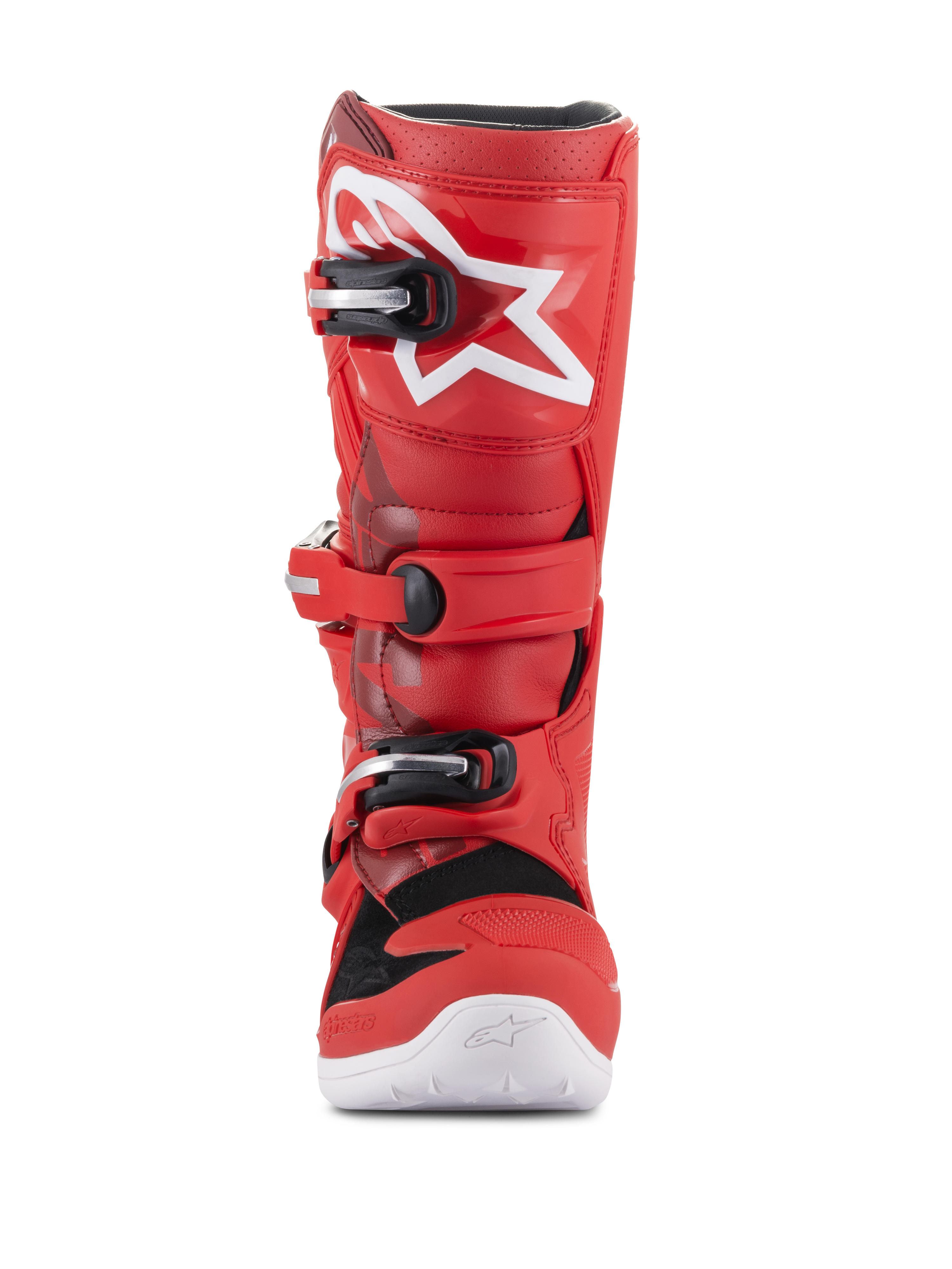 Stivali Alpinestars Youth Tech 7S, stivali da motocross per ragazzi, rosso, con logo a stella bianco sullo stinco, sistema di chiusura con fibbie nero e argento, suola bianca, costruzione resistente per il fuoristrada, vista frontale
