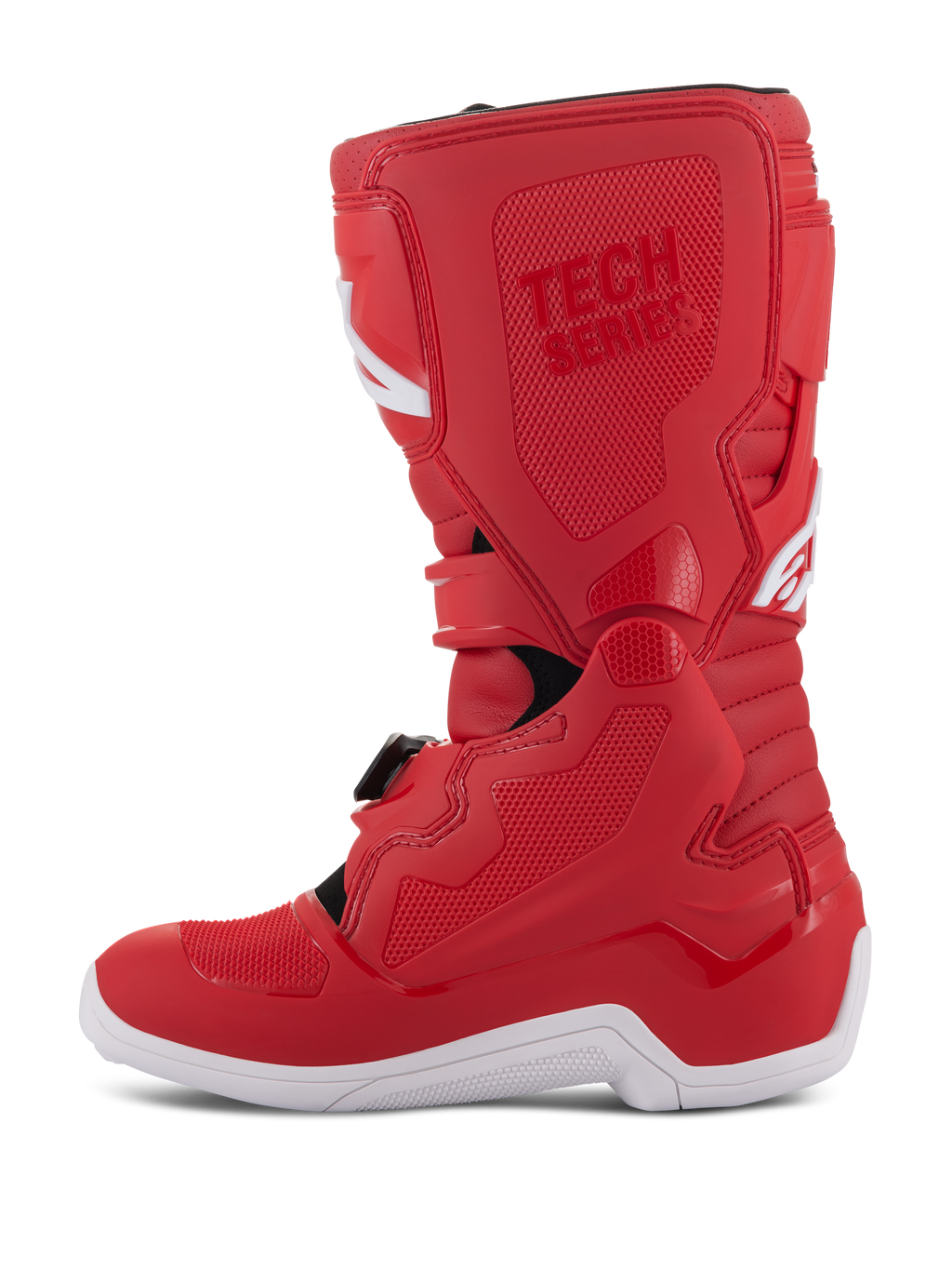 Stivali Alpinestars Youth Tech 7S, stivali da motocross per ragazzi, rosso con suola bianca, pannelli rinforzati in TPU, chiusure a fibbia multiple e marchio 'TECH SERIES', progettati per giovani piloti fuoristrada