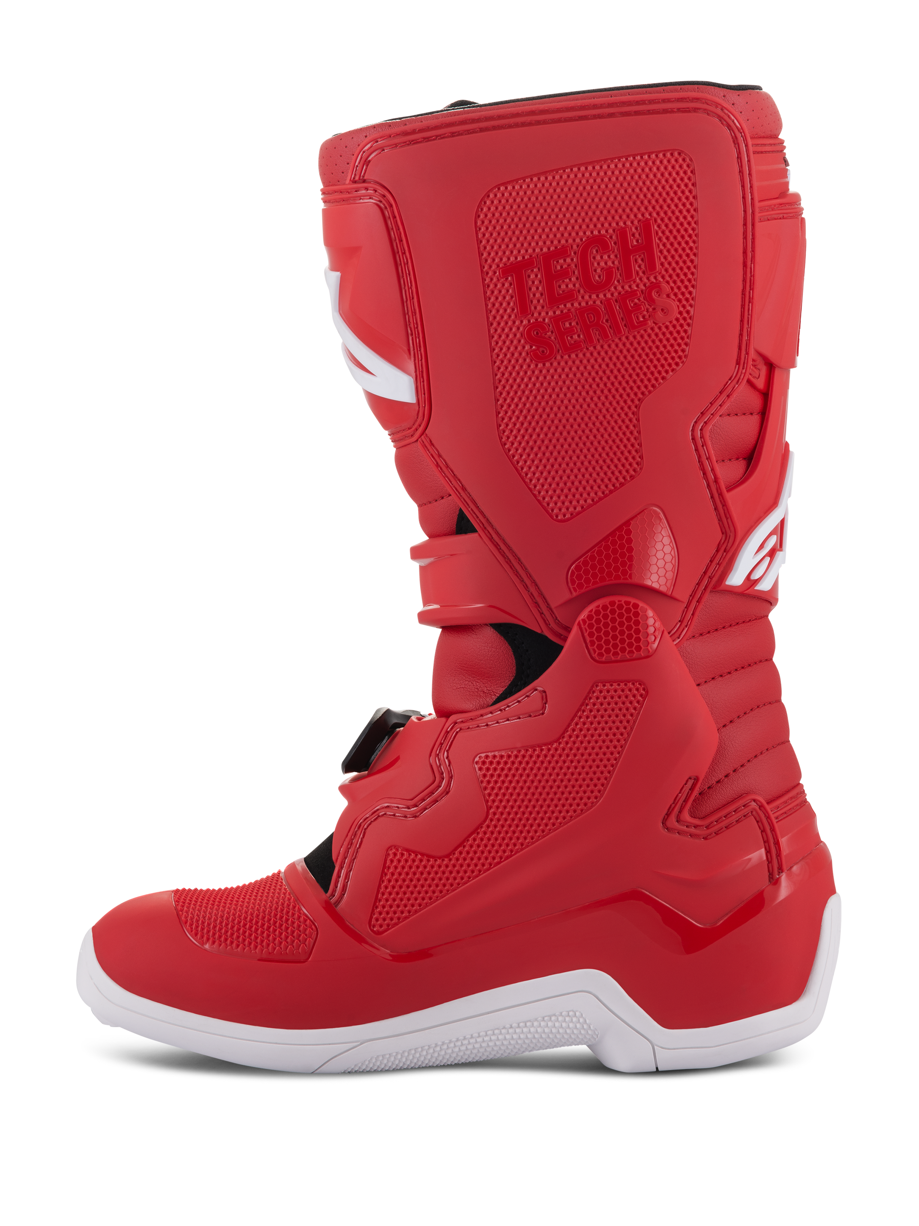 Stivali Alpinestars Youth Tech 7S, stivali da motocross per ragazzi, rosso con suola bianca, pannelli rinforzati in TPU, chiusure a fibbia multiple e marchio 'TECH SERIES', progettati per giovani piloti fuoristrada