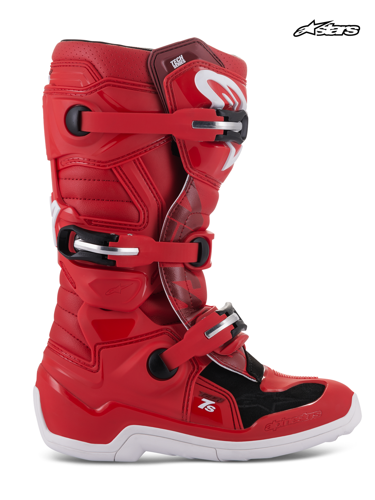 Alpinestars Stivali Tech 7S Ragazzo, stivali da motocross off-road per ragazzi, rossi e bianchi, certificati CE con sistema di chiusura a fibbia e design a perno, vista profilo laterale