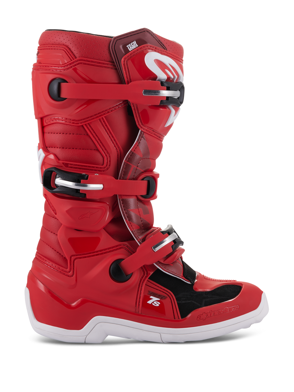 Stivali Alpinestars Youth Tech 7S, stivali da motocross e fuoristrada, rosso con accenti neri e bianchi, sistema di chiusura a fibbie multiple, pannelli protettivi testurizzati, suola bianca, struttura rinforzata per giovani piloti