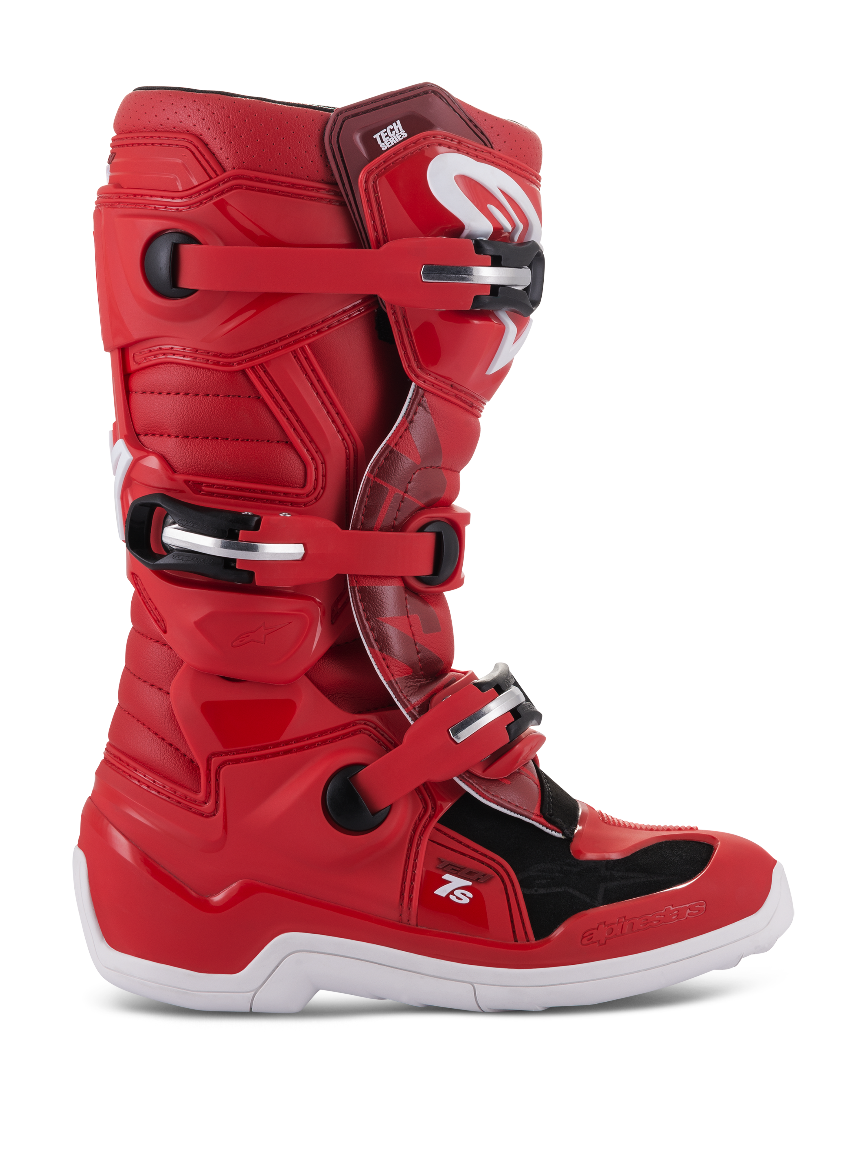 Stivali Alpinestars Youth Tech 7S, stivali da motocross e fuoristrada, rosso con accenti neri e bianchi, sistema di chiusura a fibbie multiple, pannelli protettivi testurizzati, suola bianca, struttura rinforzata per giovani piloti