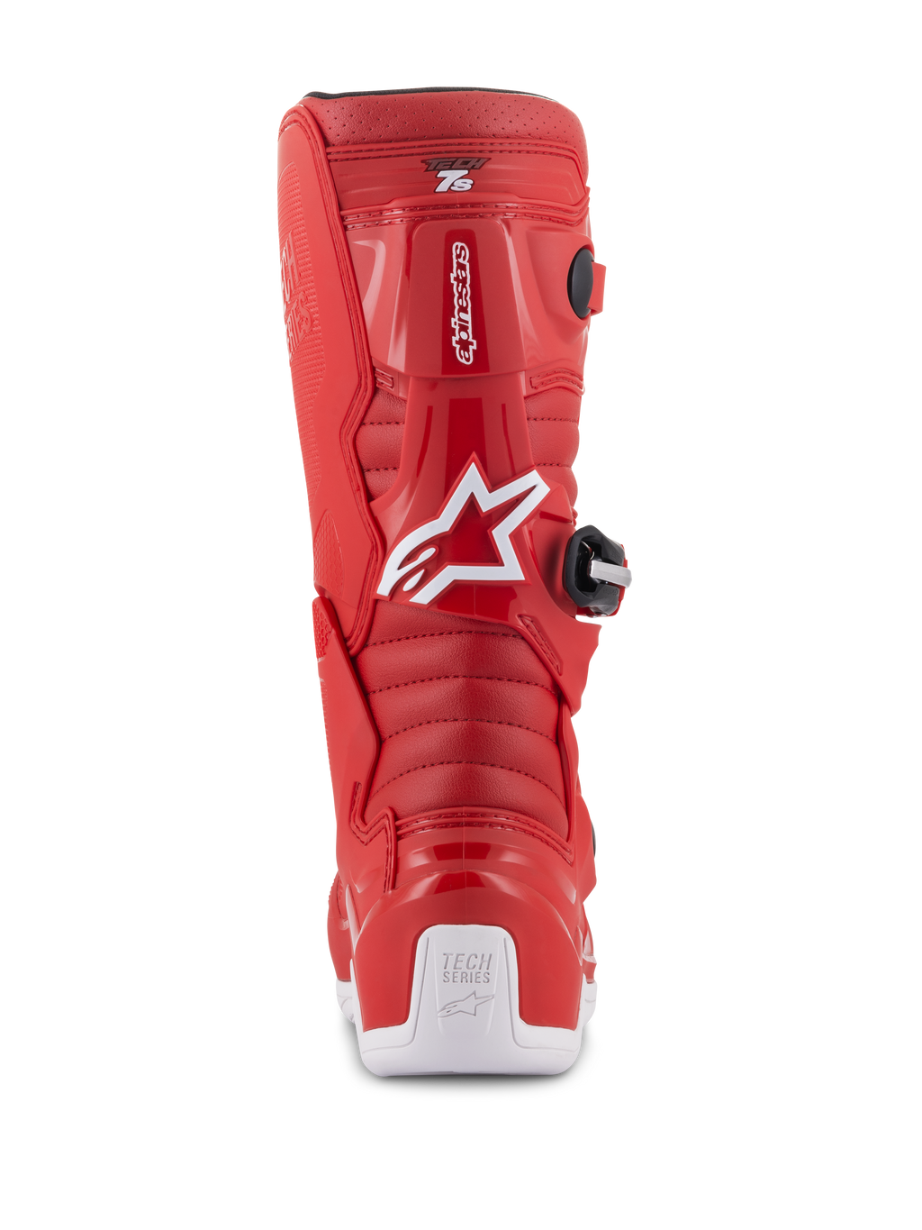 Stivali Alpinestars Youth Tech 7S, stivali da motocross rossi, vista posteriore con logo Alpinestars bianco e protezione per il tallone, zone di flessione a coste, costruzione protettiva in TPU per gare fuoristrada giovanili