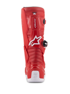Stivali Alpinestars Youth Tech 7S, stivali da motocross rossi, vista posteriore con logo Alpinestars bianco e protezione per il tallone, zone di flessione a coste, costruzione protettiva in TPU per gare fuoristrada giovanili