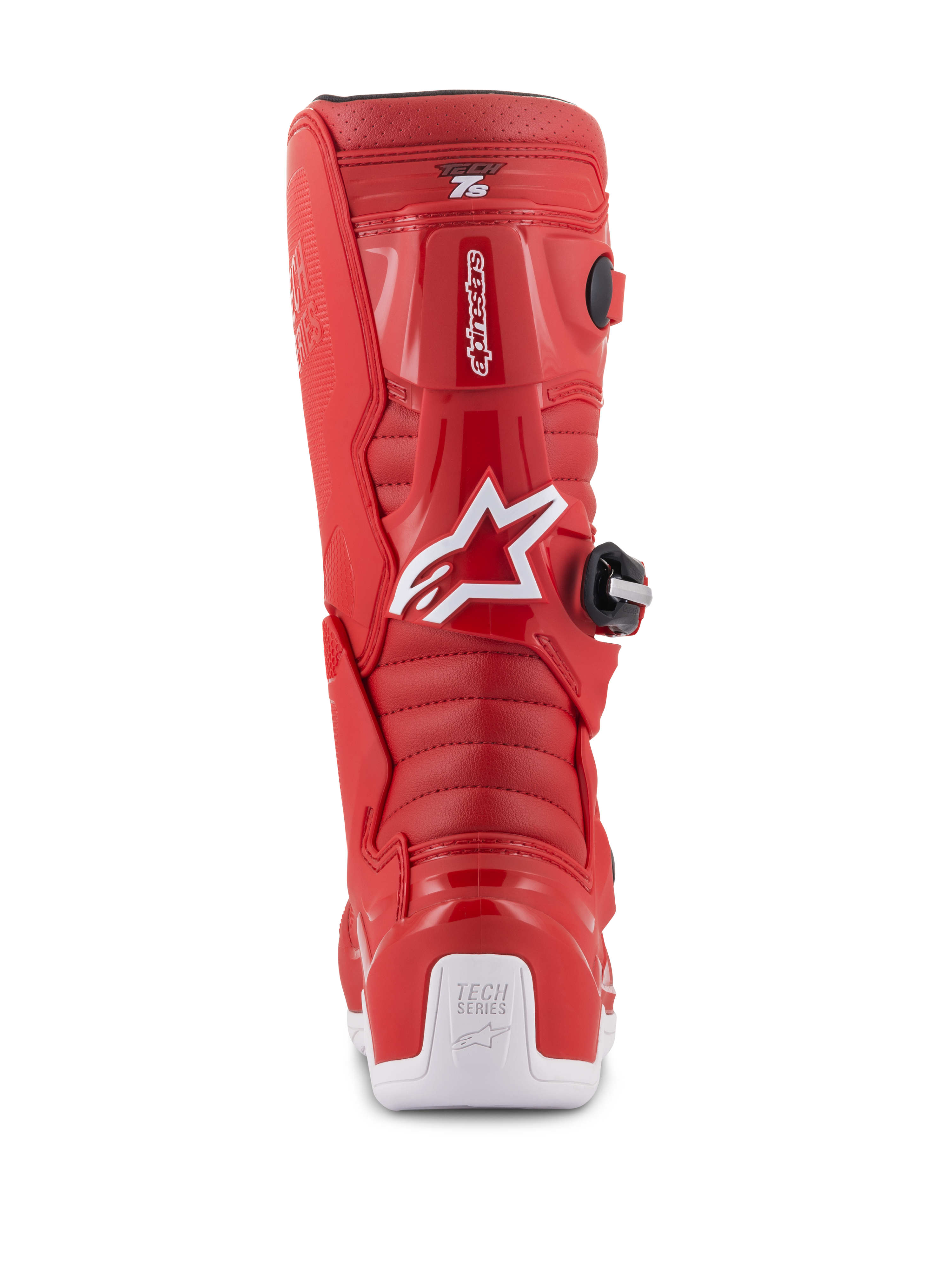 Stivali Alpinestars Youth Tech 7S, stivali da motocross rossi, vista posteriore con logo Alpinestars bianco e protezione per il tallone, zone di flessione a coste, costruzione protettiva in TPU per gare fuoristrada giovanili