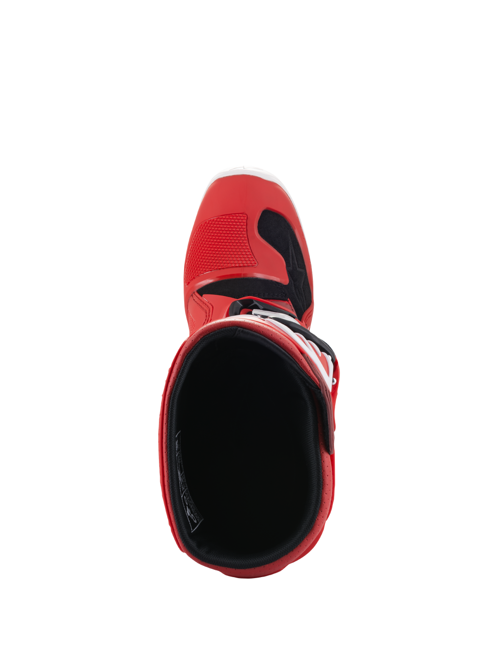 Stivali Alpinestars Youth Tech 7S, stivali da motocross, rosso, vista dall'alto che mostra la fodera interna e l'apertura, scocca esterna rossa con accenti neri e bianchi, progettati per giovani piloti off-road