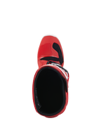 Stivali Alpinestars Youth Tech 7S, stivali da motocross, rosso, vista dall'alto che mostra la fodera interna e l'apertura, scocca esterna rossa con accenti neri e bianchi, progettati per giovani piloti off-road