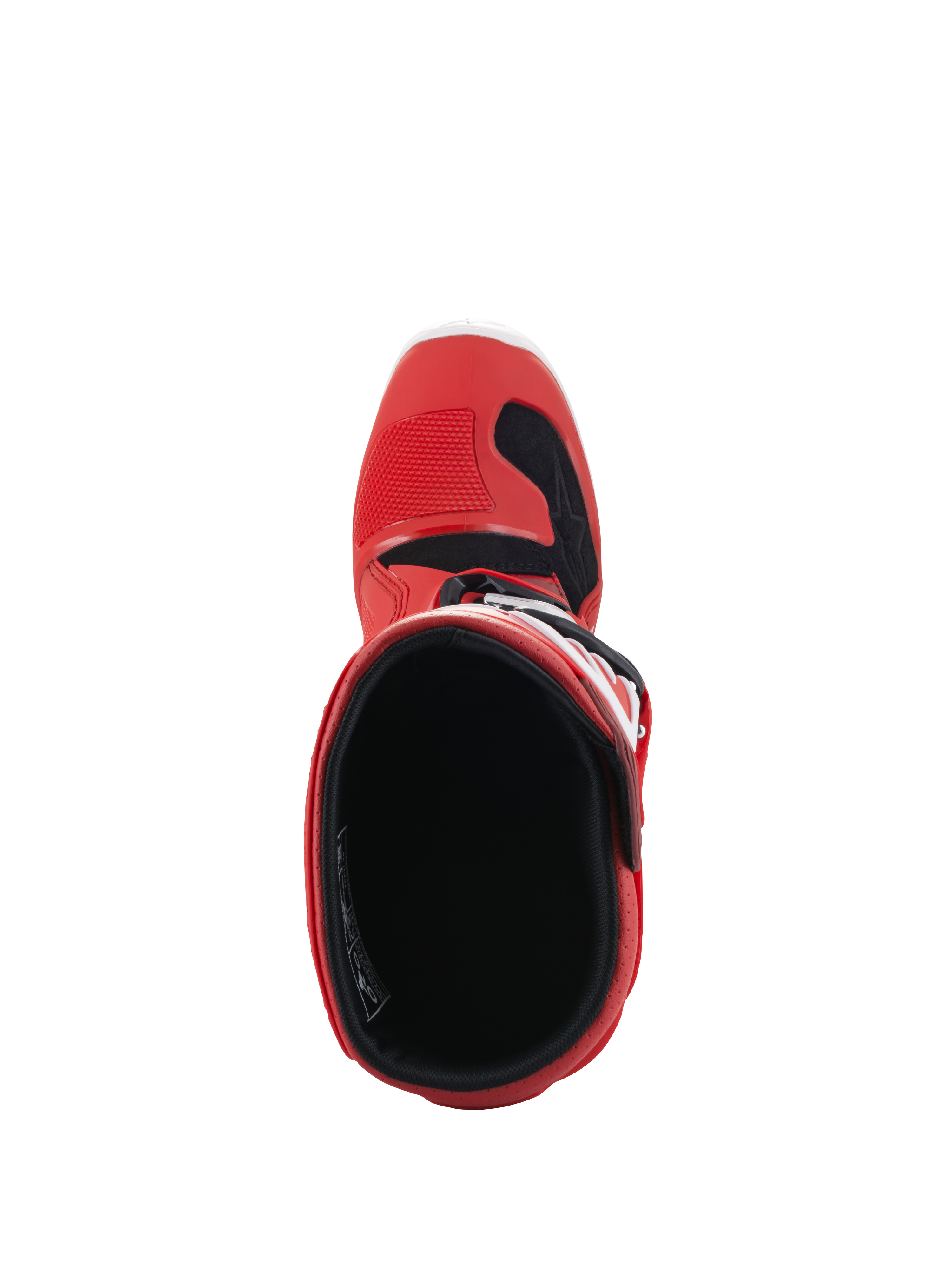 Stivali Alpinestars Youth Tech 7S, stivali da motocross, rosso, vista dall'alto che mostra la fodera interna e l'apertura, scocca esterna rossa con accenti neri e bianchi, progettati per giovani piloti off-road
