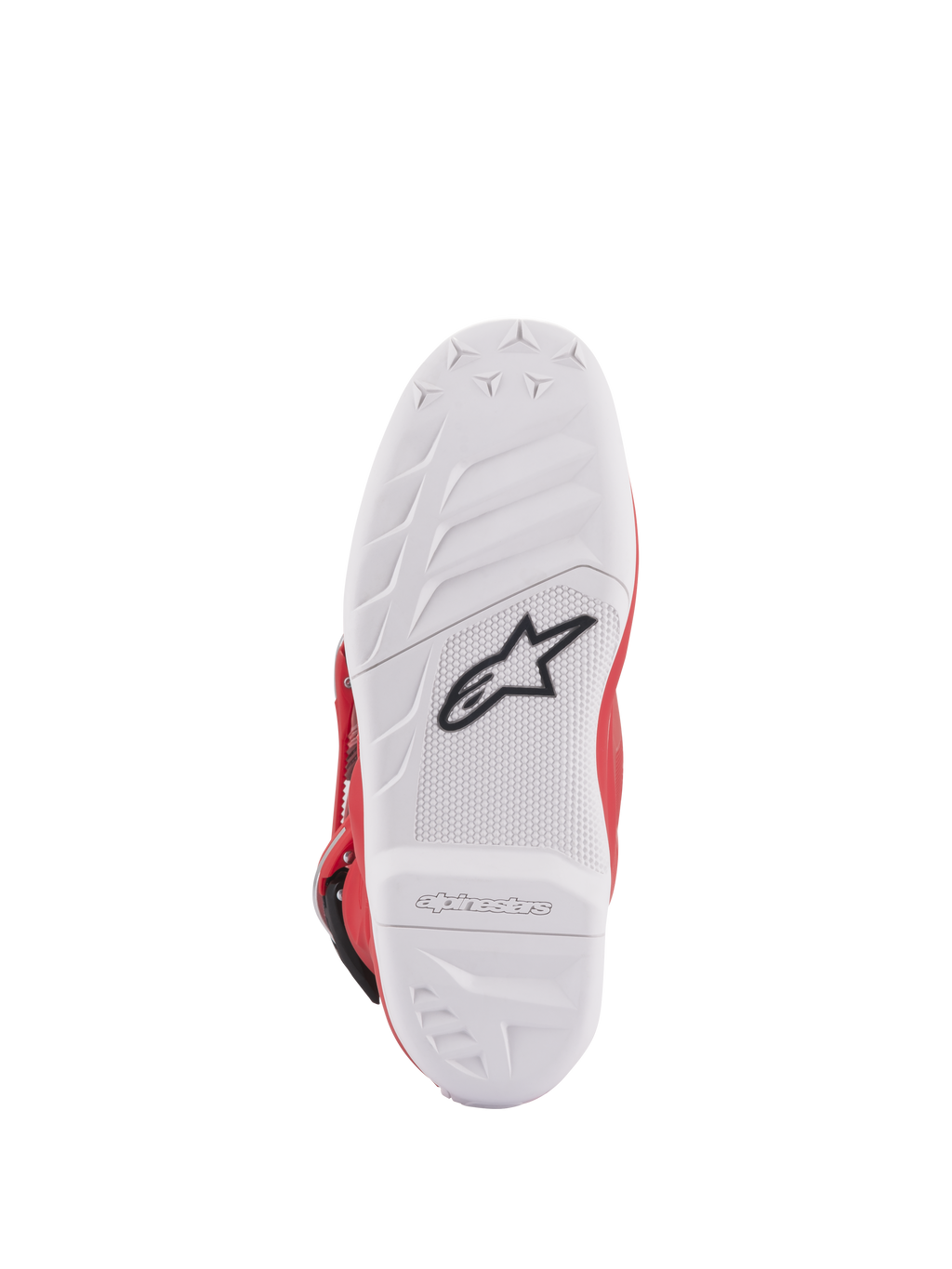 Stivali Alpinestars Youth Tech 7S, vista della suola, suola in mescola bianca con logo a stella nero, trama in gomma ad alta aderenza per durata e sensibilità superiori, marchio Alpinestars in rilievo sul tallone