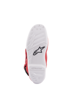 Stivali Alpinestars Youth Tech 7S, vista della suola, suola in mescola bianca con logo a stella nero, trama in gomma ad alta aderenza per durata e sensibilità superiori, marchio Alpinestars in rilievo sul tallone