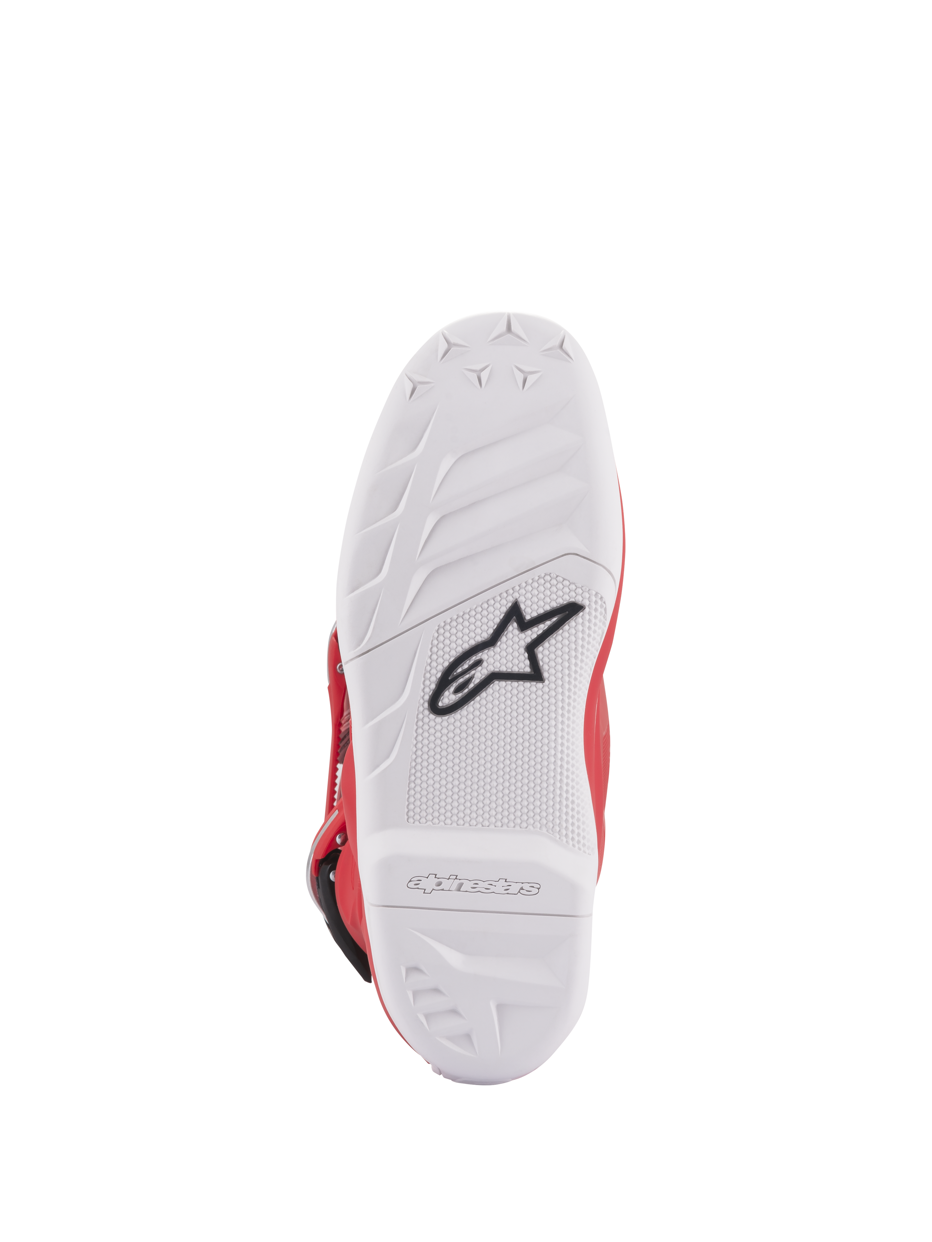 Stivali Alpinestars Youth Tech 7S, vista della suola, suola in mescola bianca con logo a stella nero, trama in gomma ad alta aderenza per durata e sensibilità superiori, marchio Alpinestars in rilievo sul tallone