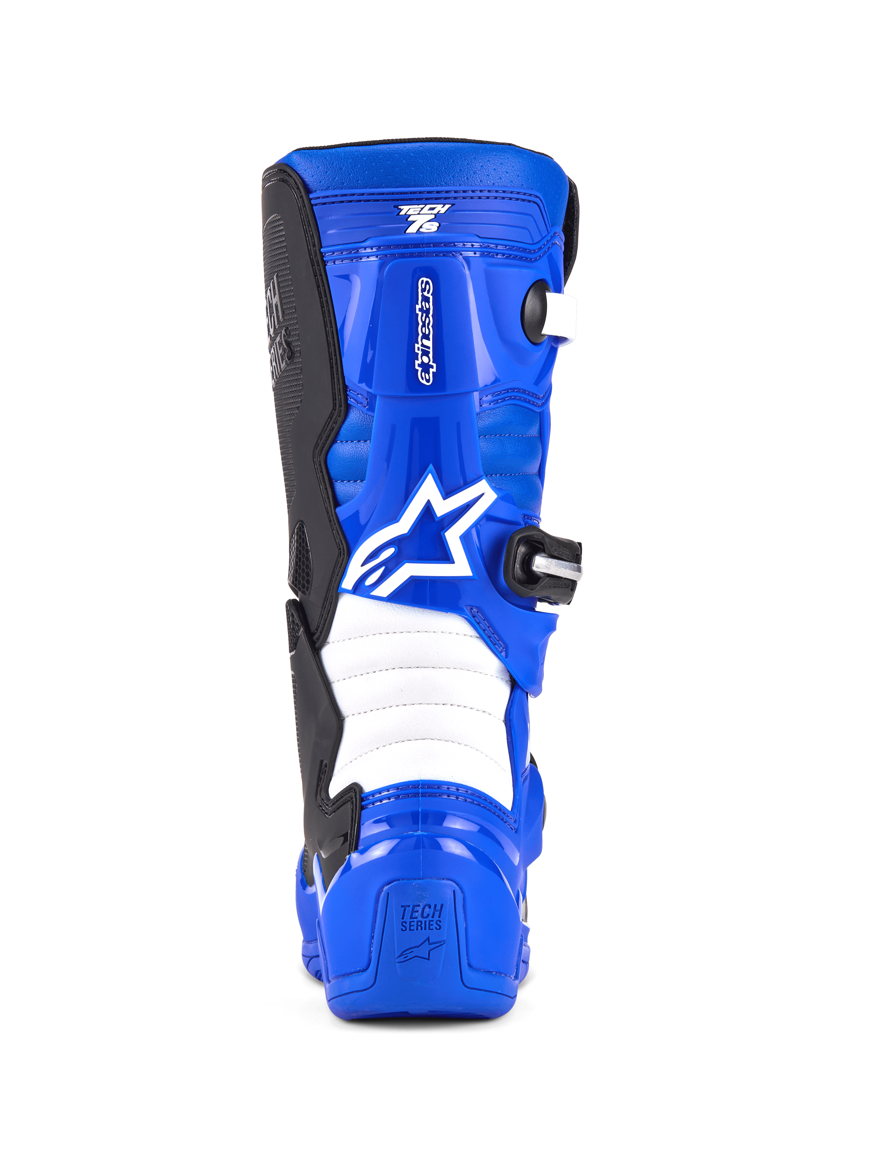 Stivali Alpinestars Youth Tech 7 S, stivali da motocross, blu, nero e bianco, vista posteriore con logo Alpinestars bianco, scocca in TPU blu con zone di flessione a fisarmonica bianche, calzatura protettiva per guida fuoristrada per ragazzi.