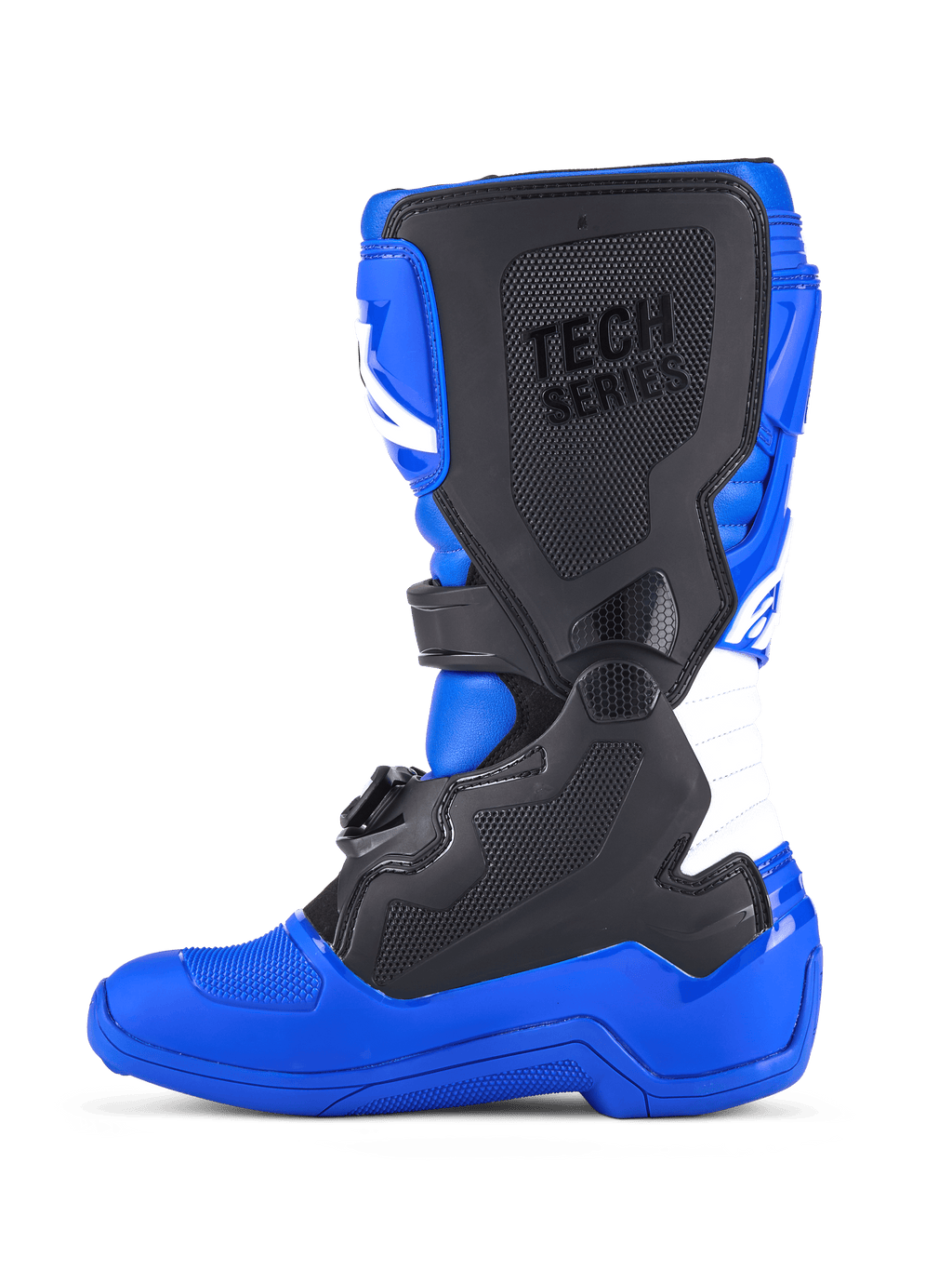 Stivali Alpinestars Youth Tech 7 S, stivali da motocross, blu, nero e bianco, vista laterale che mostra i pannelli protettivi in TPU neri, marchio 'TECH SERIES' sulla piastra parastinchi, zona di flessione a fisarmonica bianca e una suola blu resistente progettata per le corse fuoristrada.