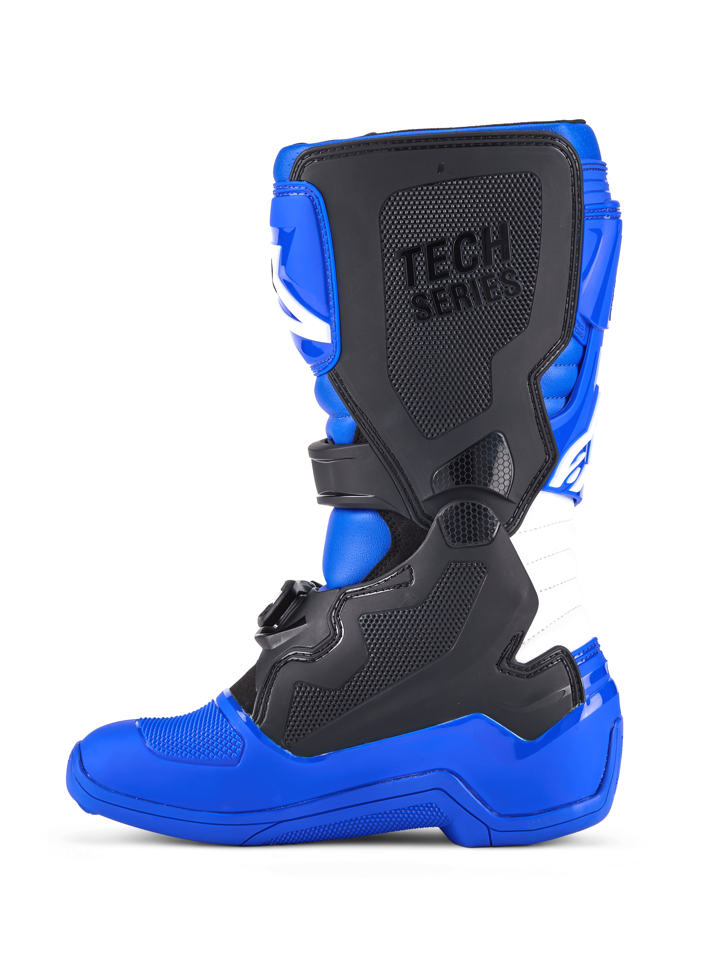 Stivali Alpinestars Youth Tech 7 S, stivali da motocross, blu, nero e bianco, vista laterale che mostra i pannelli protettivi in TPU neri, marchio 'TECH SERIES' sulla piastra parastinchi, zona di flessione a fisarmonica bianca e una suola blu resistente progettata per le corse fuoristrada.