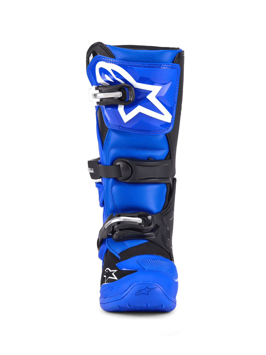 Alpinestars Youth Tech 7 S Boots, stivali da motocross, blu, nero e bianco, vista frontale con chiusura a tre fibbie, grande logo Alpinestars bianco sulla placca tibiale, suola blu resistente, abbigliamento protettivo ad alte prestazioni per giovani piloti