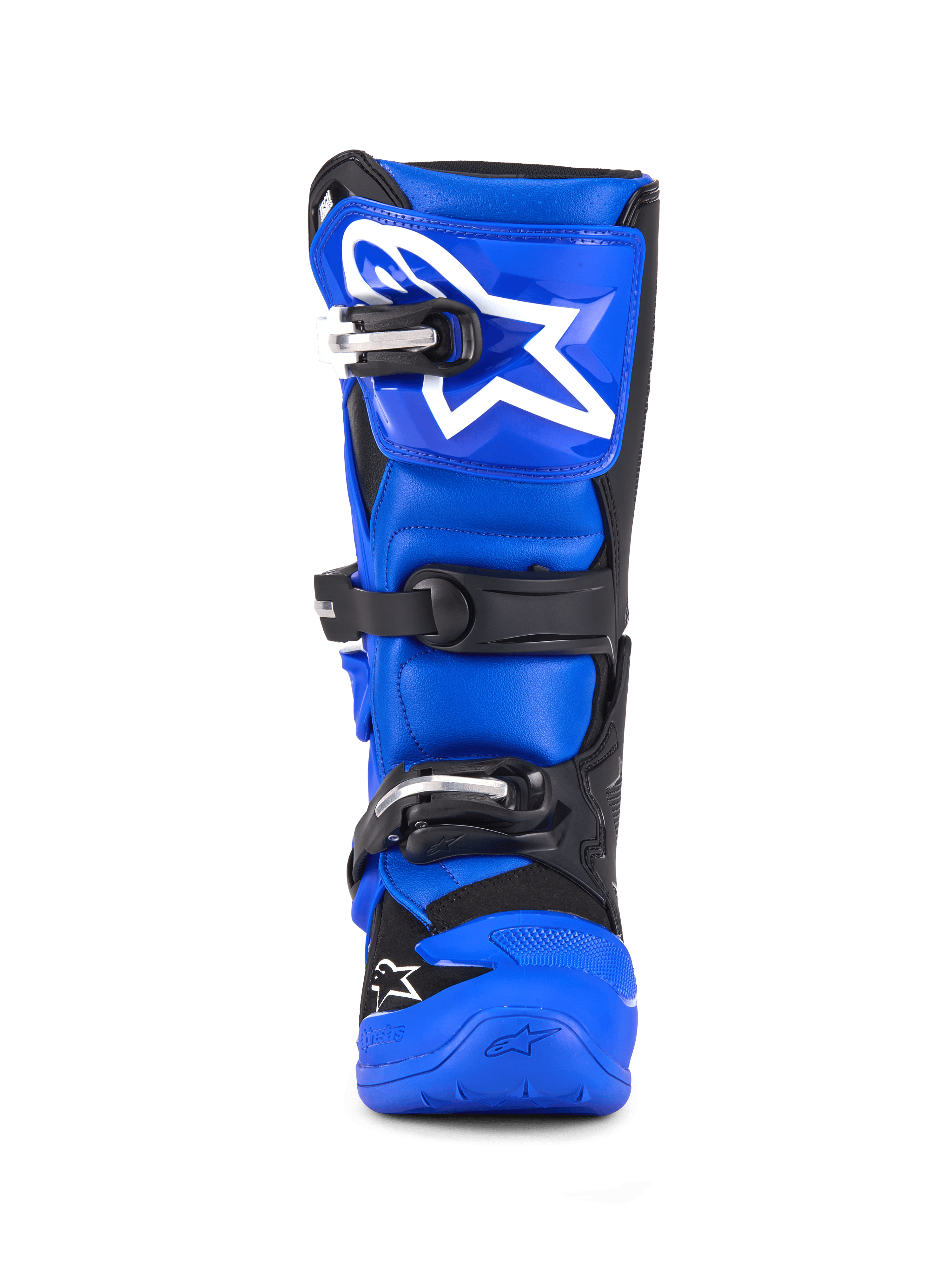 Alpinestars Youth Tech 7 S Boots, stivali da motocross, blu, nero e bianco, vista frontale con chiusura a tre fibbie, grande logo Alpinestars bianco sulla placca tibiale, suola blu resistente, abbigliamento protettivo ad alte prestazioni per giovani piloti