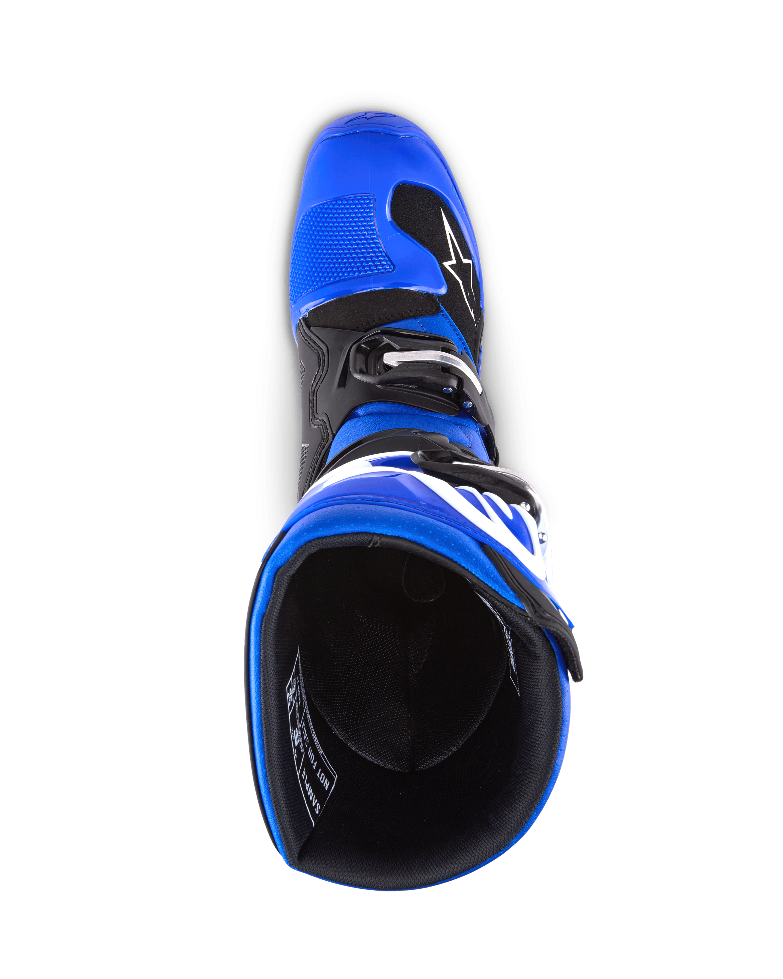 Stivali Alpinestars Youth Tech 7 S, stivali da motocross, blu nero e bianco, vista dall'alto dell'interno dello stivale, mostra la scocca blu e la fodera nera, struttura resistente con logo bianco per motocross giovanile