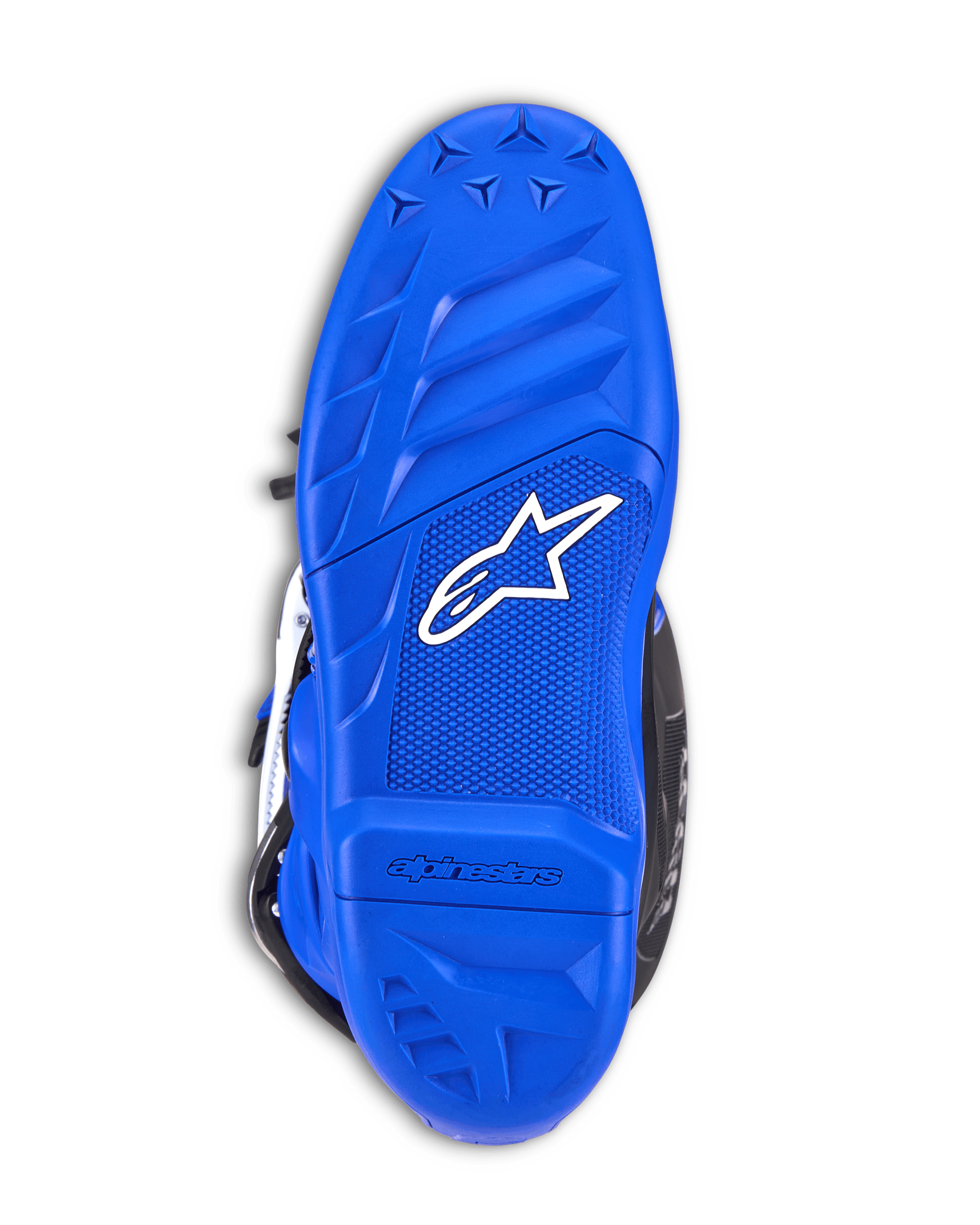 Stivali Alpinestars Youth Tech 7 S, stivali da motocross, suola blu con logo Alpinestars bianco, trama grip in gomma testurizzata, suola resistente progettata per trazione fuoristrada e controllo sulle pedane