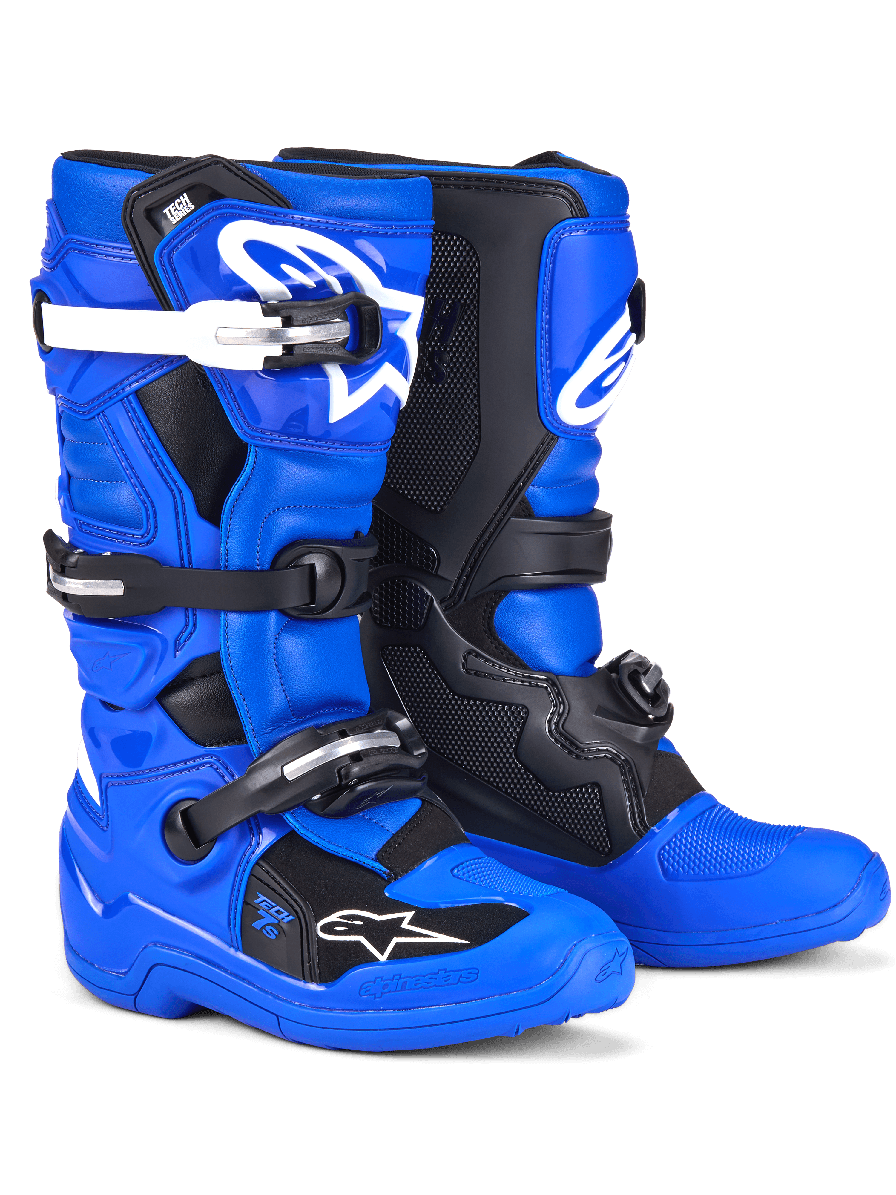 Alpinestars Stivali Youth Tech 7 S, stivali da motocross, blu, nero e bianco, con tomaia blu vivace, pannelli protettivi neri e accenti bianchi sulle fibbie, sistema di chiusura a cinghie multiple, design resistente con specifiche da gara per la guida fuoristrada