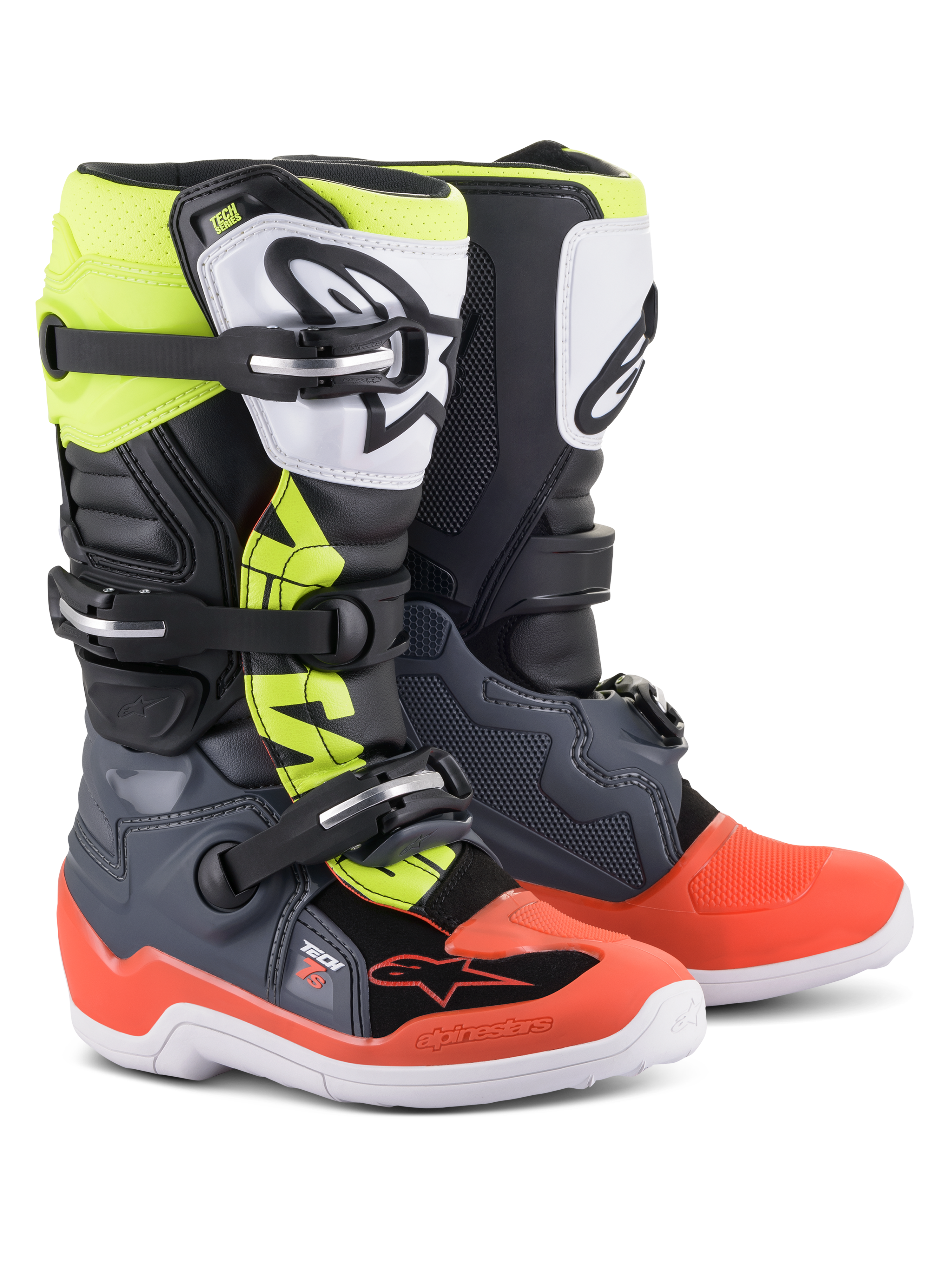 Alpinestars Stivali Youth Tech 7S, stivali da motocross, grigio scuro con dettagli rosso e giallo fluorescente, piastra tibiale in TPU bianca con logo nero, sistema di chiusura a tre fibbie e suola bianca resistente, progettati per giovani piloti off-road