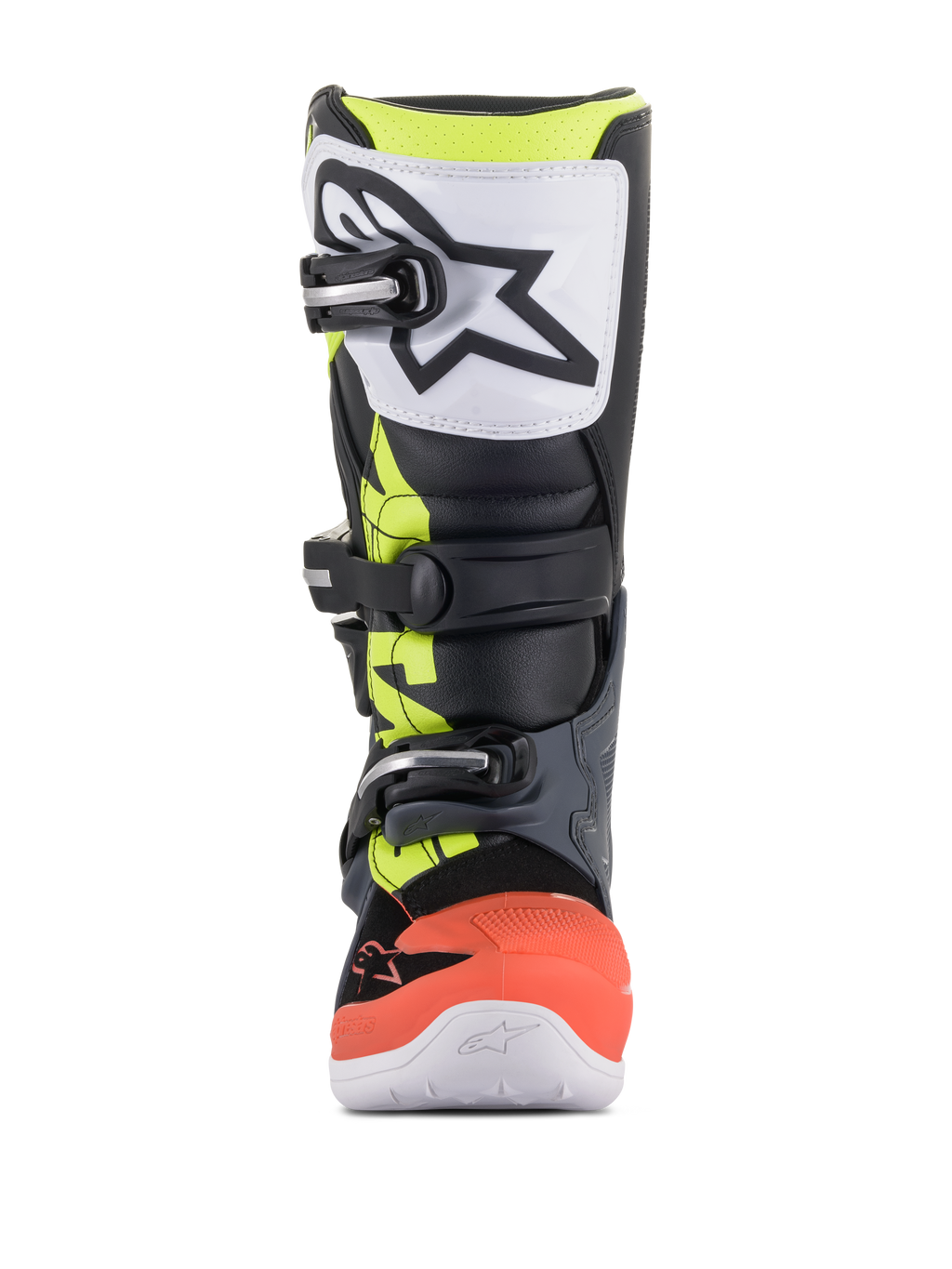 Stivali Alpinestars Youth Tech 7S, stivali da motocross, grigio scuro, rosso fluorescente e giallo con accenti bianchi, vista frontale con piastra tibiale in TPU bianca e logo nero, sistema di chiusura a tre fibbie e costruzione sintetica resistente per giovani piloti fuoristrada