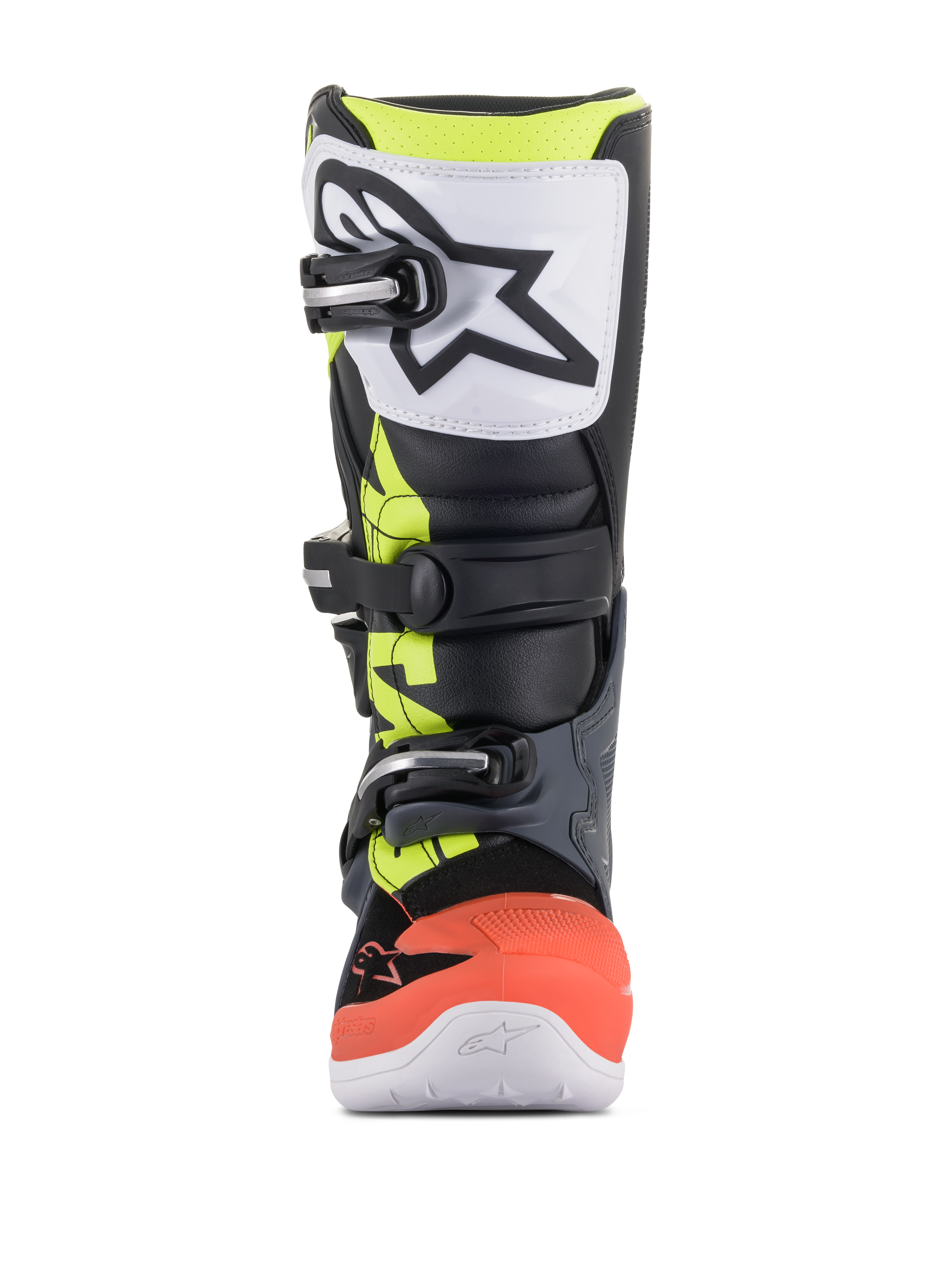 Stivali Alpinestars Youth Tech 7S, stivali da motocross, grigio scuro, rosso fluorescente e giallo con accenti bianchi, vista frontale con piastra tibiale in TPU bianca e logo nero, sistema di chiusura a tre fibbie e costruzione sintetica resistente per giovani piloti fuoristrada