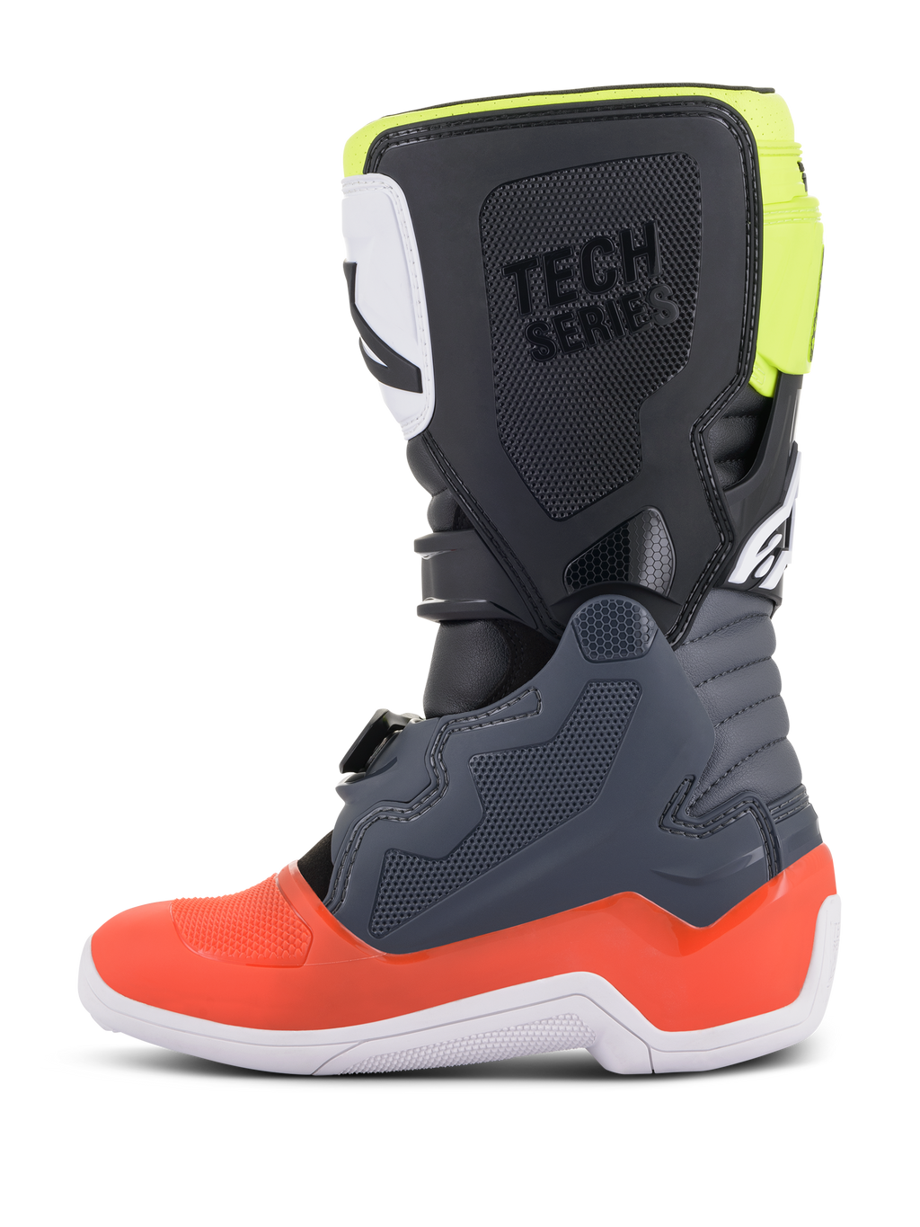 Stivali Alpinestars Youth Tech 7S, stivali da motocross, grigio scuro con accenti rossi e giallo fluorescente, vista laterale, suola bianca, marchio 'TECH SERIES' e pannelli protettivi in TPU resistente