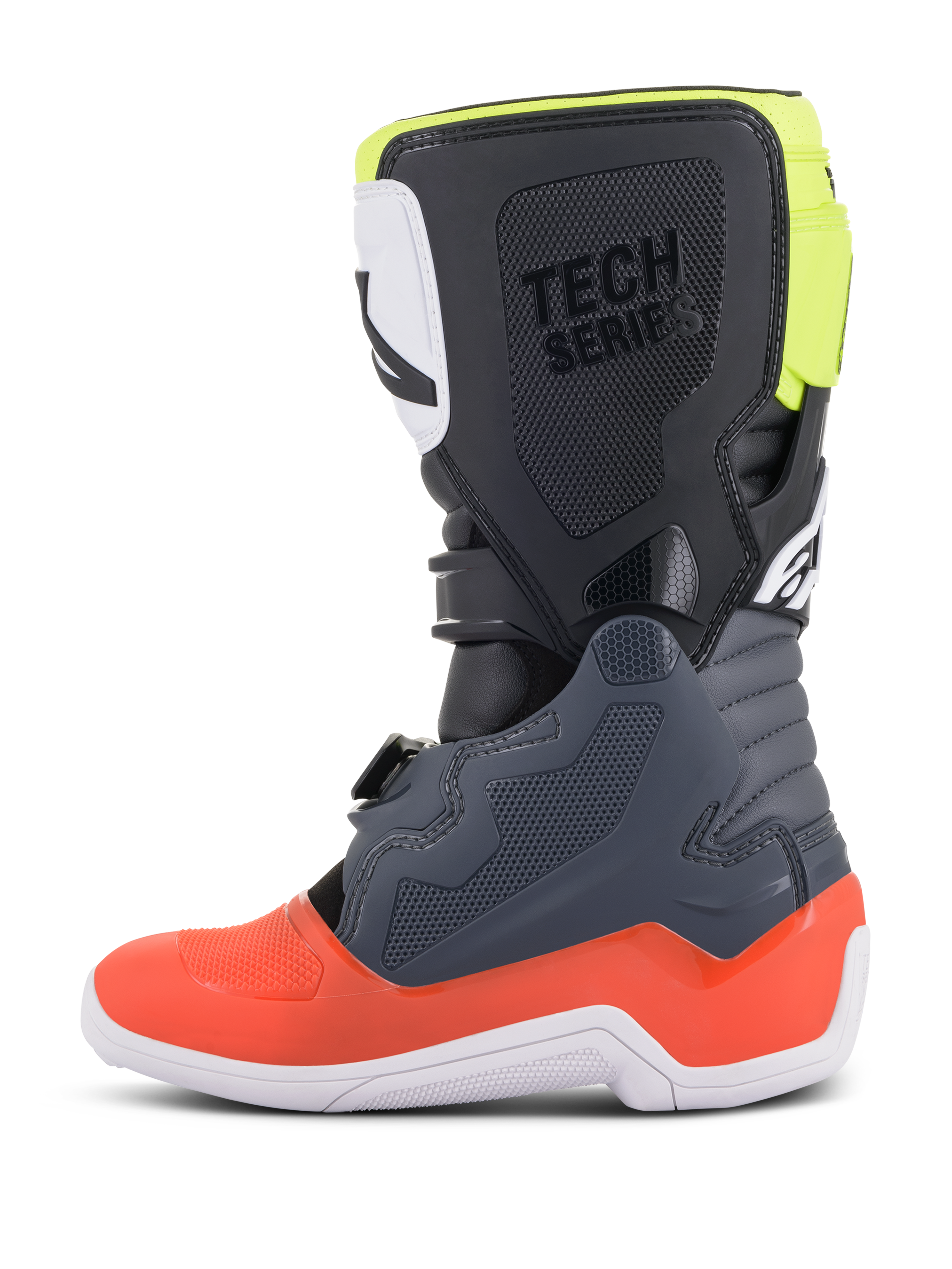 Stivali Alpinestars Youth Tech 7S, stivali da motocross, grigio scuro con accenti rossi e giallo fluorescente, vista laterale, suola bianca, marchio 'TECH SERIES' e pannelli protettivi in TPU resistente