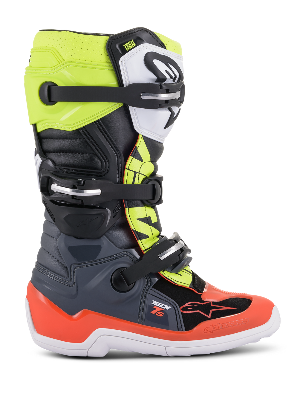Alpinestars stivali Youth Tech 7S, stivali da motocross off-road, grigio scuro, rosso fluorescente e giallo fluorescente, con suola bianca e chiusure a fibbia multiple, costruzione robusta per giovani piloti