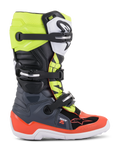 Alpinestars stivali Youth Tech 7S, stivali da motocross off-road, grigio scuro, rosso fluorescente e giallo fluorescente, con suola bianca e chiusure a fibbia multiple, costruzione robusta per giovani piloti