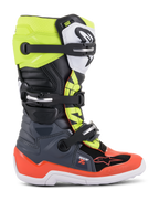 Alpinestars stivali Youth Tech 7S, stivali da motocross off-road, grigio scuro, rosso fluorescente e giallo fluorescente, con suola bianca e chiusure a fibbia multiple, costruzione robusta per giovani piloti