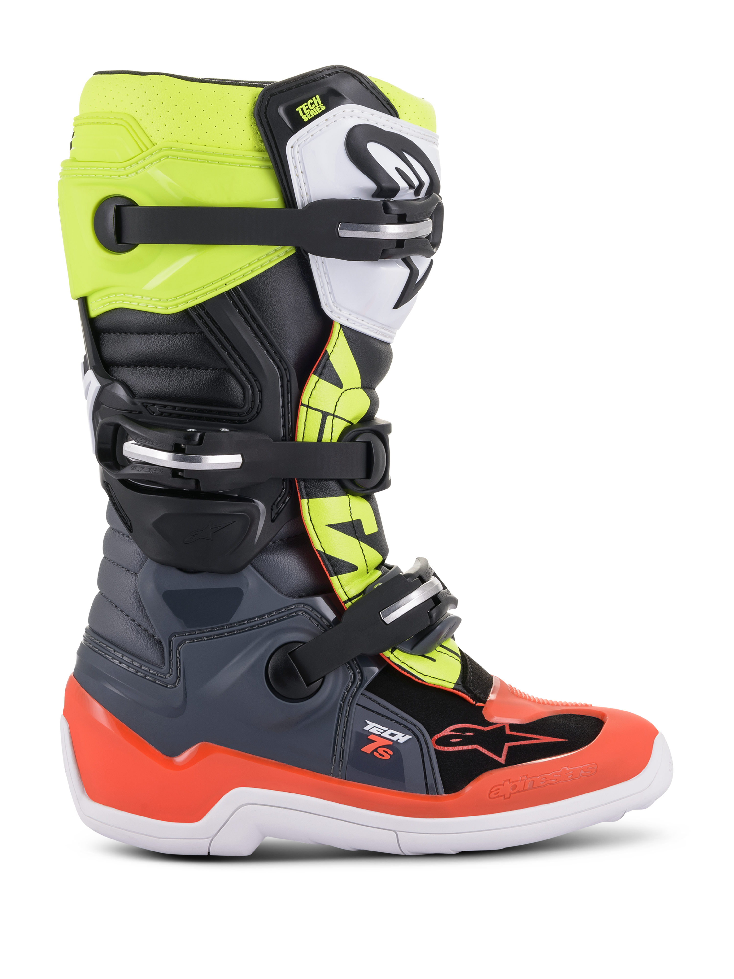 Alpinestars stivali Youth Tech 7S, stivali da motocross off-road, grigio scuro, rosso fluorescente e giallo fluorescente, con suola bianca e chiusure a fibbia multiple, costruzione robusta per giovani piloti