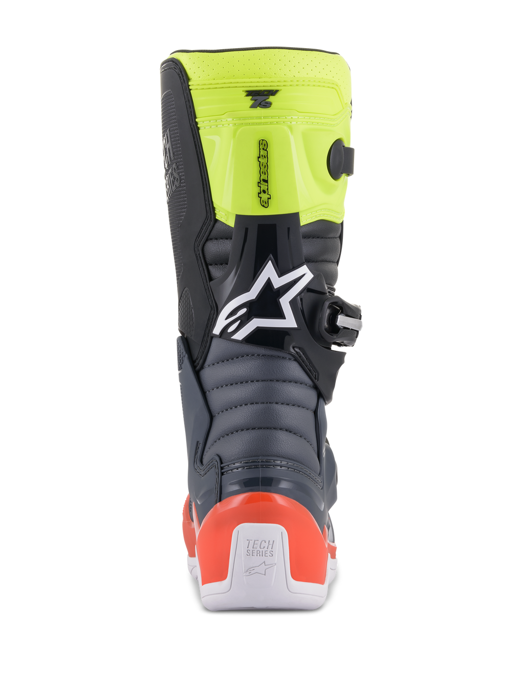 Stivali Alpinestars Youth Tech 7S, stivali da motocross per ragazzi, grigio scuro, rosso fluo e giallo fluo, vista posteriore con zone di flessione a soffietto, protezione del tallone rossa e logo Alpinestars bianco