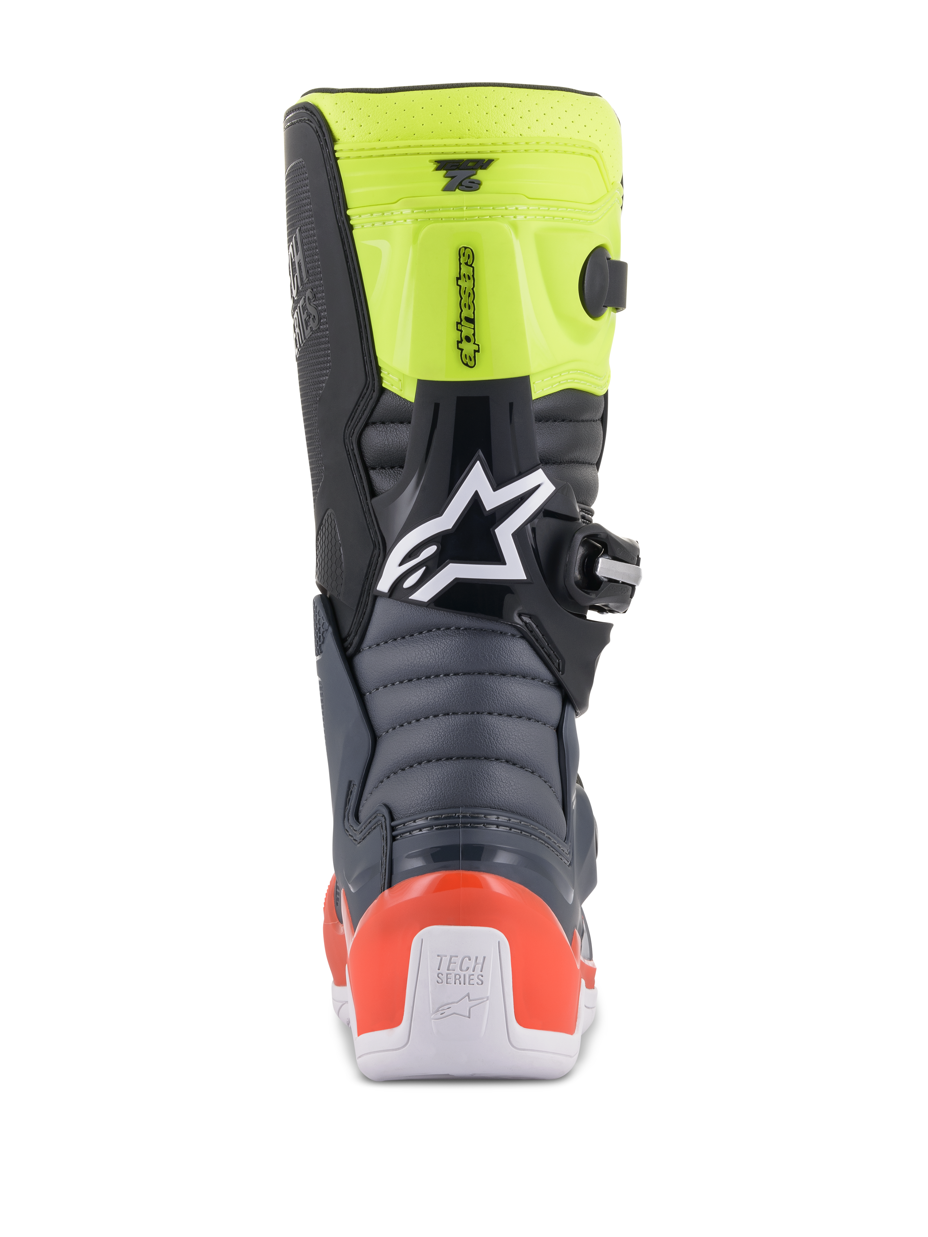 Stivali Alpinestars Youth Tech 7S, stivali da motocross per ragazzi, grigio scuro, rosso fluo e giallo fluo, vista posteriore con zone di flessione a soffietto, protezione del tallone rossa e logo Alpinestars bianco