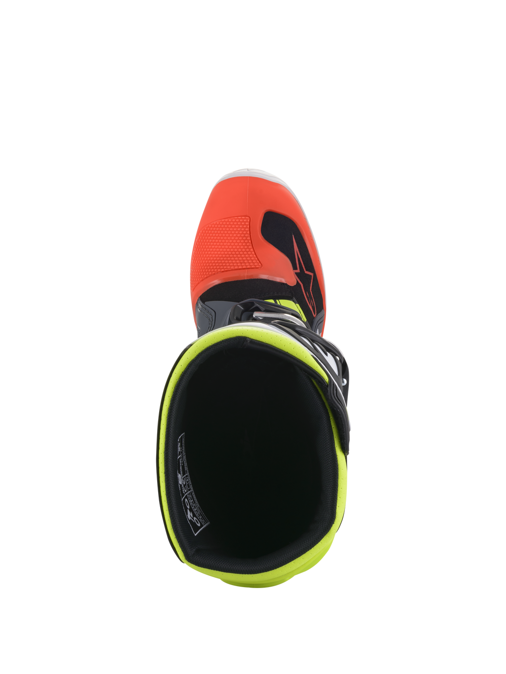 Stivali Alpinestars Youth Tech 7S, stivali da motocross, grigio scuro con accenti rossi e giallo fluorescente, vista dall'alto dell'apertura interna con fodera giallo fluorescente e punta rossa, progettati per corse fuoristrada per ragazzi.
