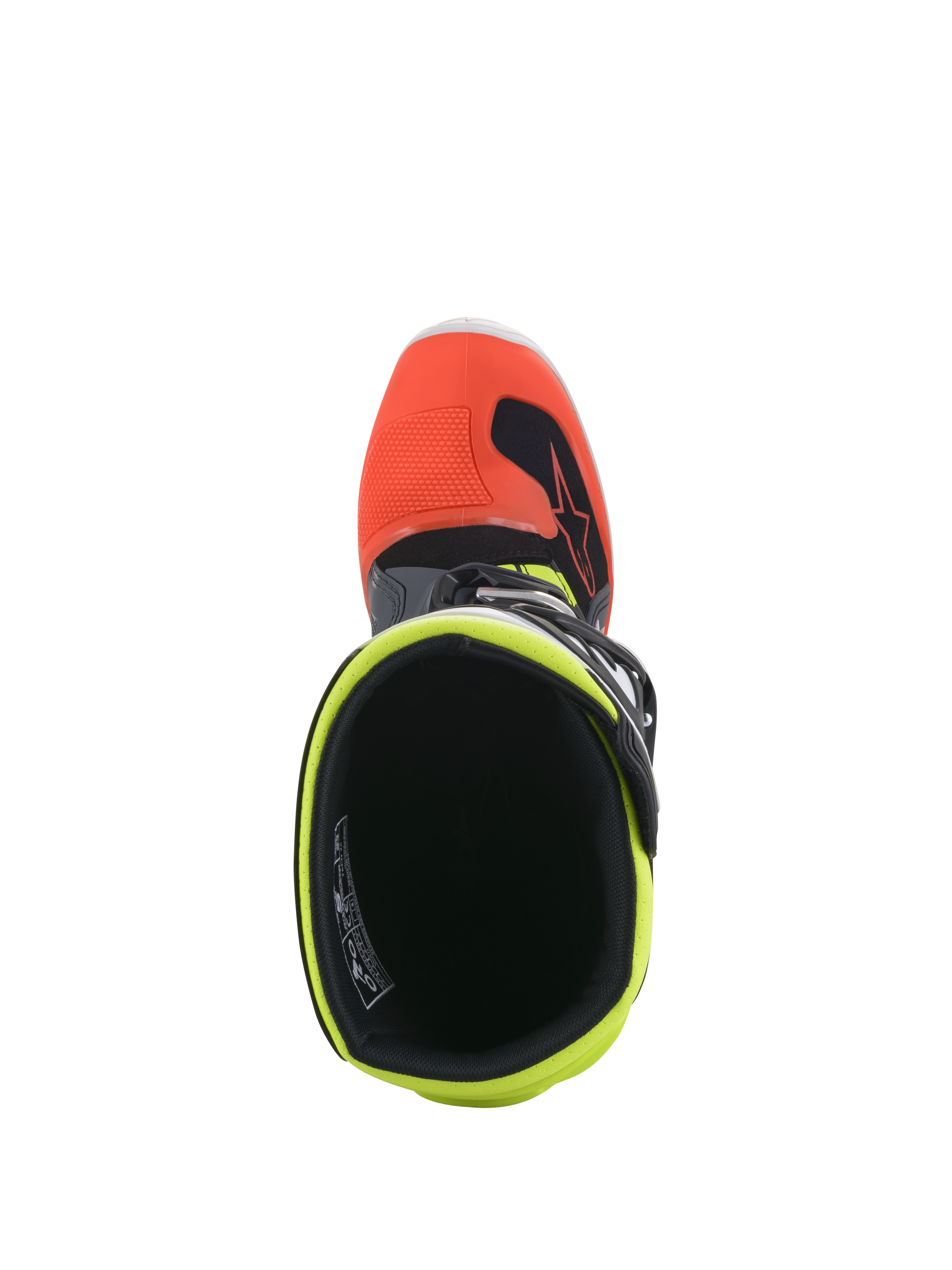 Stivali Alpinestars Youth Tech 7S, stivali da motocross, grigio scuro con accenti rossi e giallo fluorescente, vista dall'alto dell'apertura interna con fodera giallo fluorescente e punta rossa, progettati per corse fuoristrada per ragazzi.