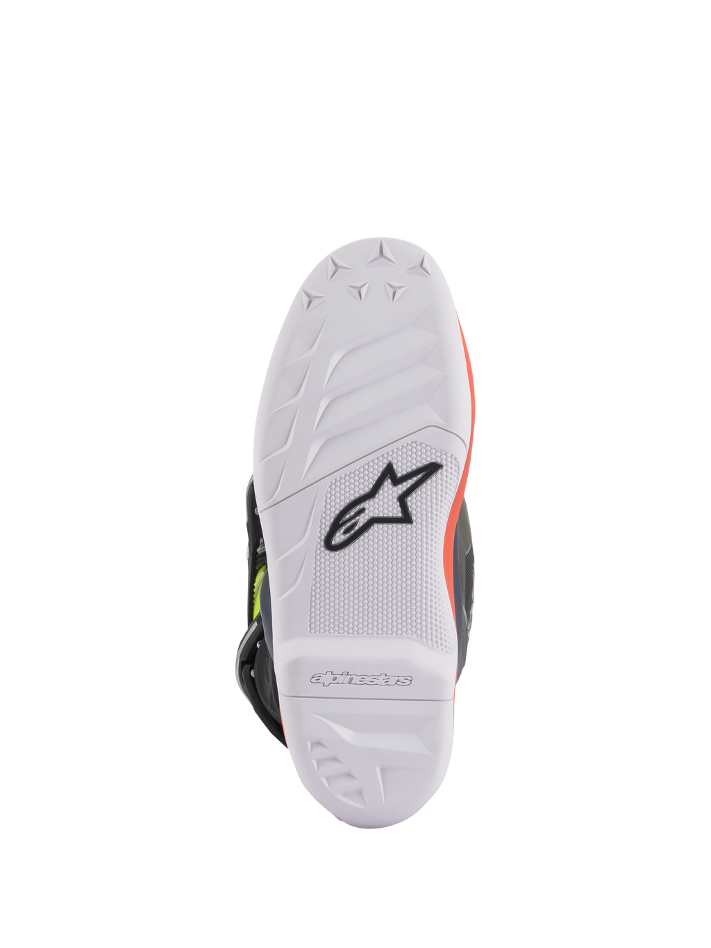 Stivali Alpinestars Youth Tech 7S, stivali da motocross, grigio scuro, rosso fluorescente e giallo fluorescente, vista della parte inferiore della suola che mostra la gomma bianca ad alta aderenza con logo Astars nero, costruzione resistente per la guida fuoristrada