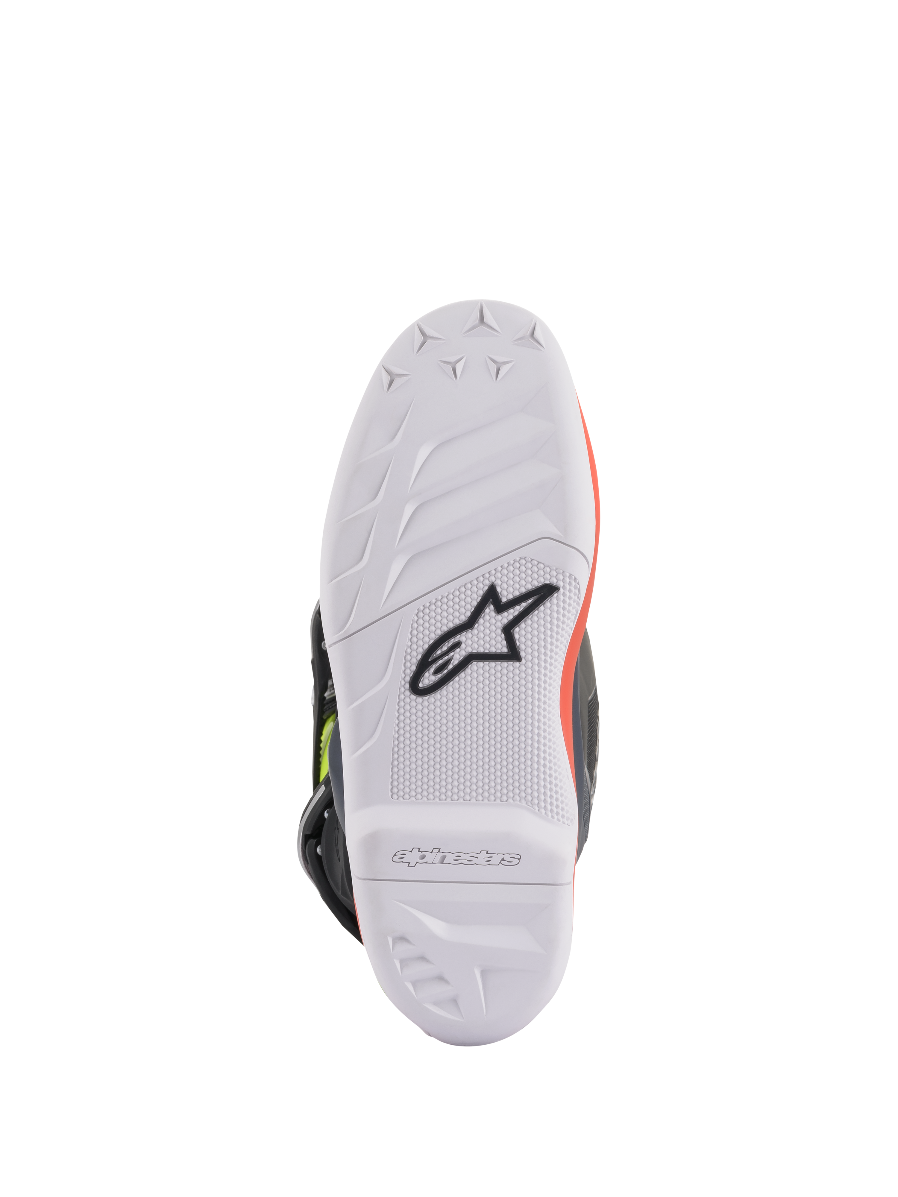 Stivali Alpinestars Youth Tech 7S, stivali da motocross, grigio scuro, rosso fluorescente e giallo fluorescente, vista della parte inferiore della suola che mostra la gomma bianca ad alta aderenza con logo Astars nero, costruzione resistente per la guida fuoristrada