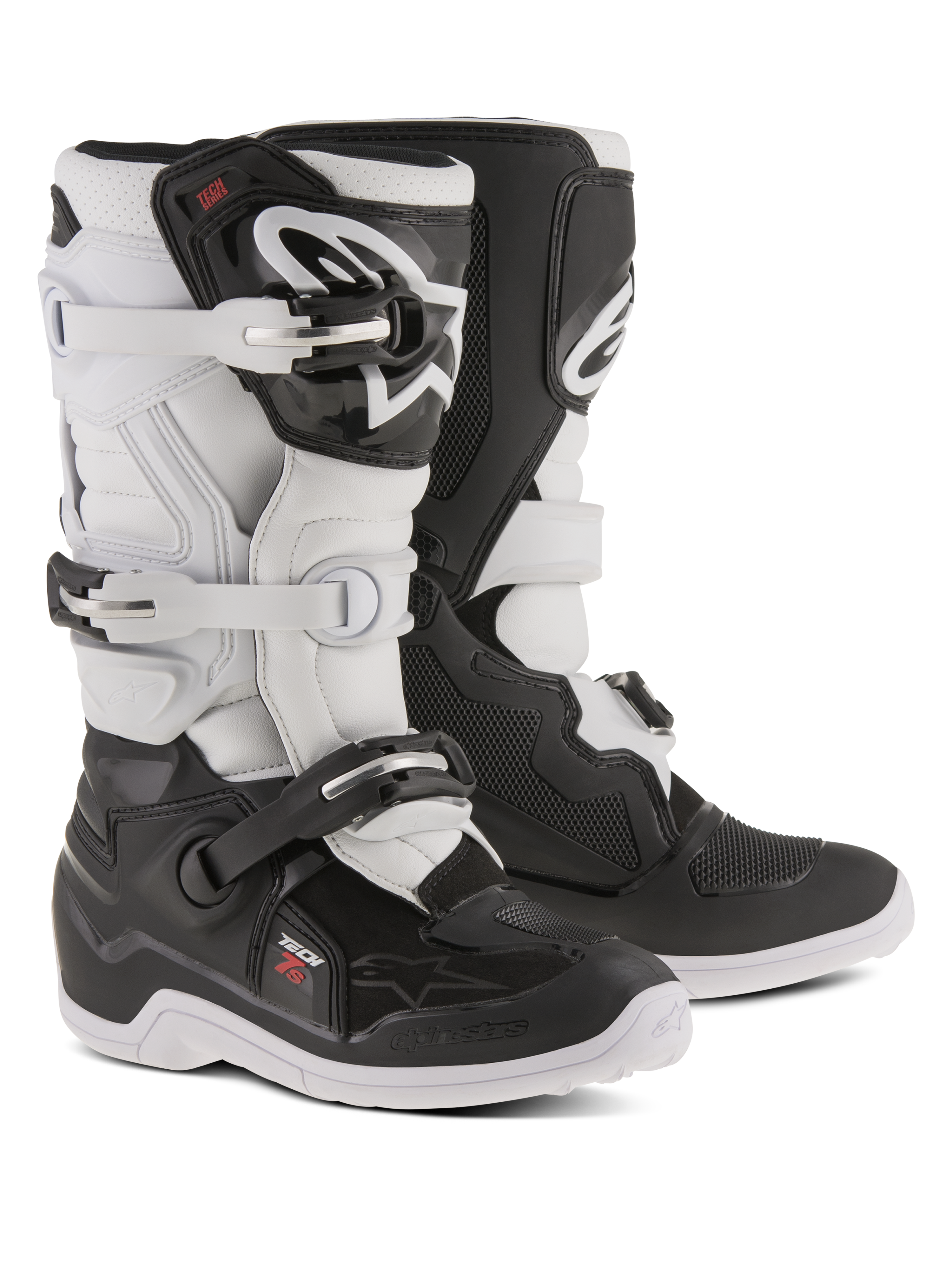 Stivali Alpinestars Youth Tech 7S, stivali da motocross, nero e bianco, con sistema di chiusura a fibbie regolabili, parastinchi in TPU e sistema pivot, costruzione robusta con suole spesse tassellate per la guida fuoristrada