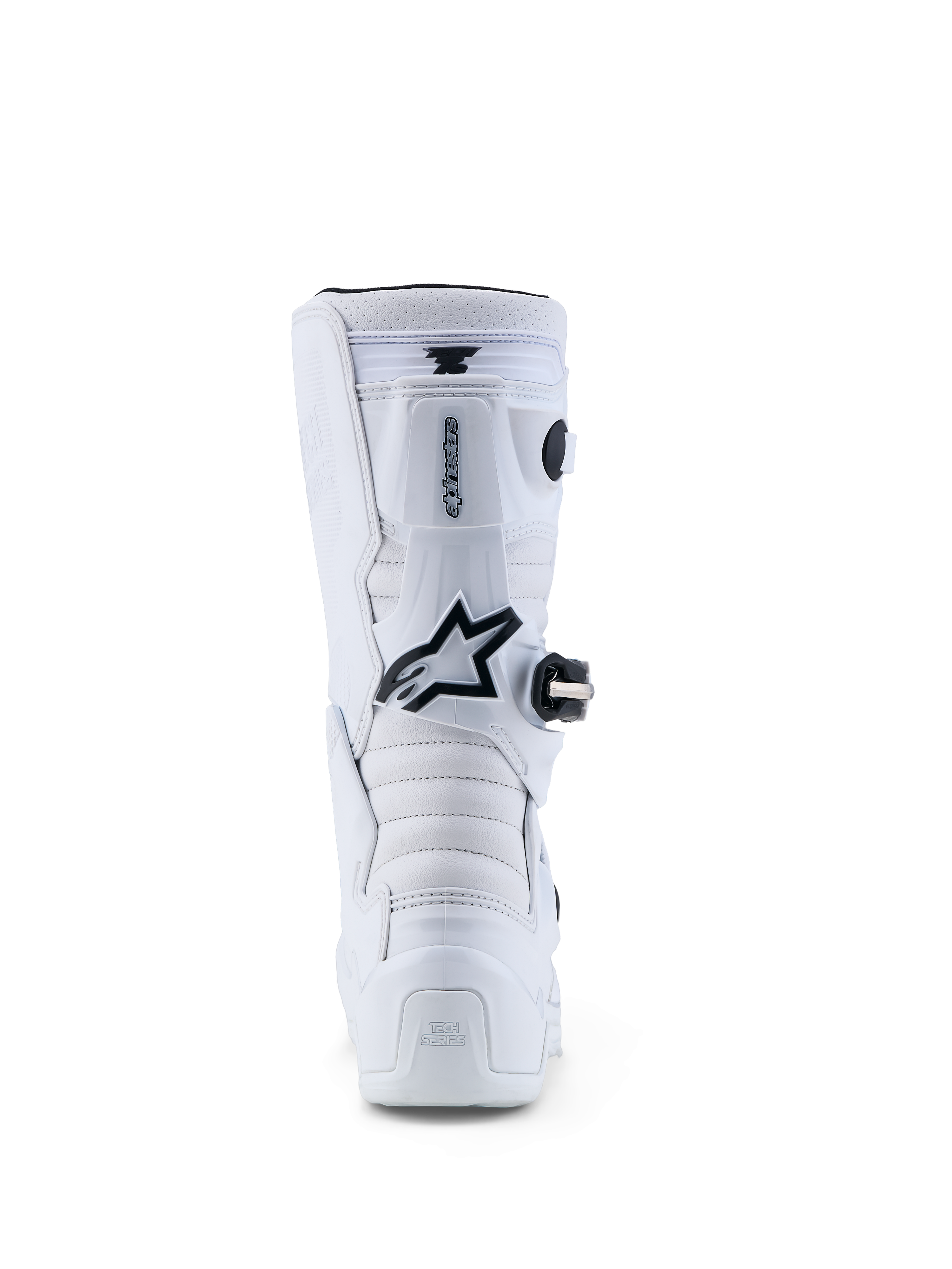 Alpinestars Stivali Tech 7S Ragazzo, stivali motocross bianchi e neri, vista posteriore con protezione TPU e sistema pivot.