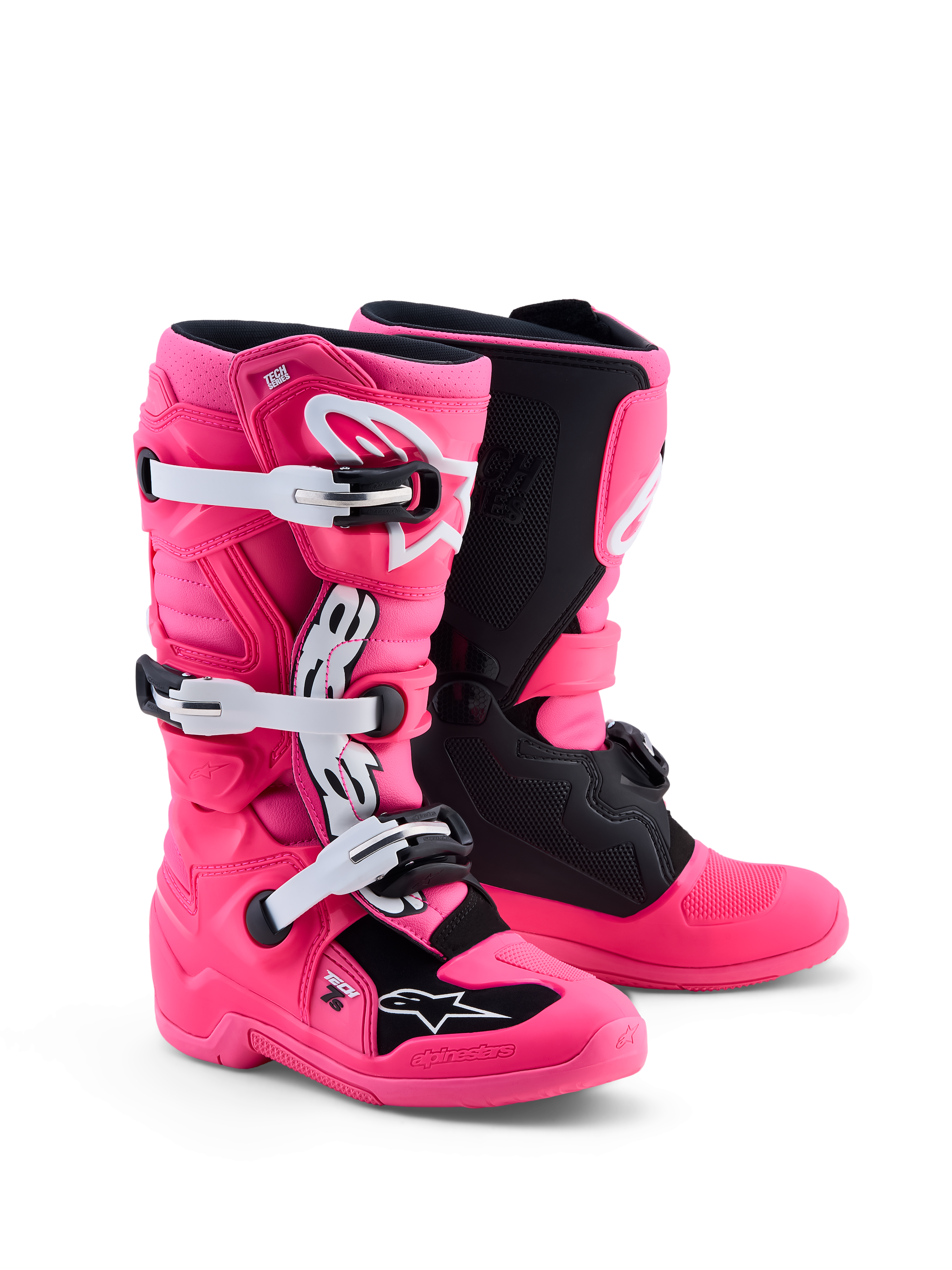Alpinestars stivali Tech 7S per ragazzi, stivali da motocross rosa fluo e neri con protezioni in TPU, certificati CE