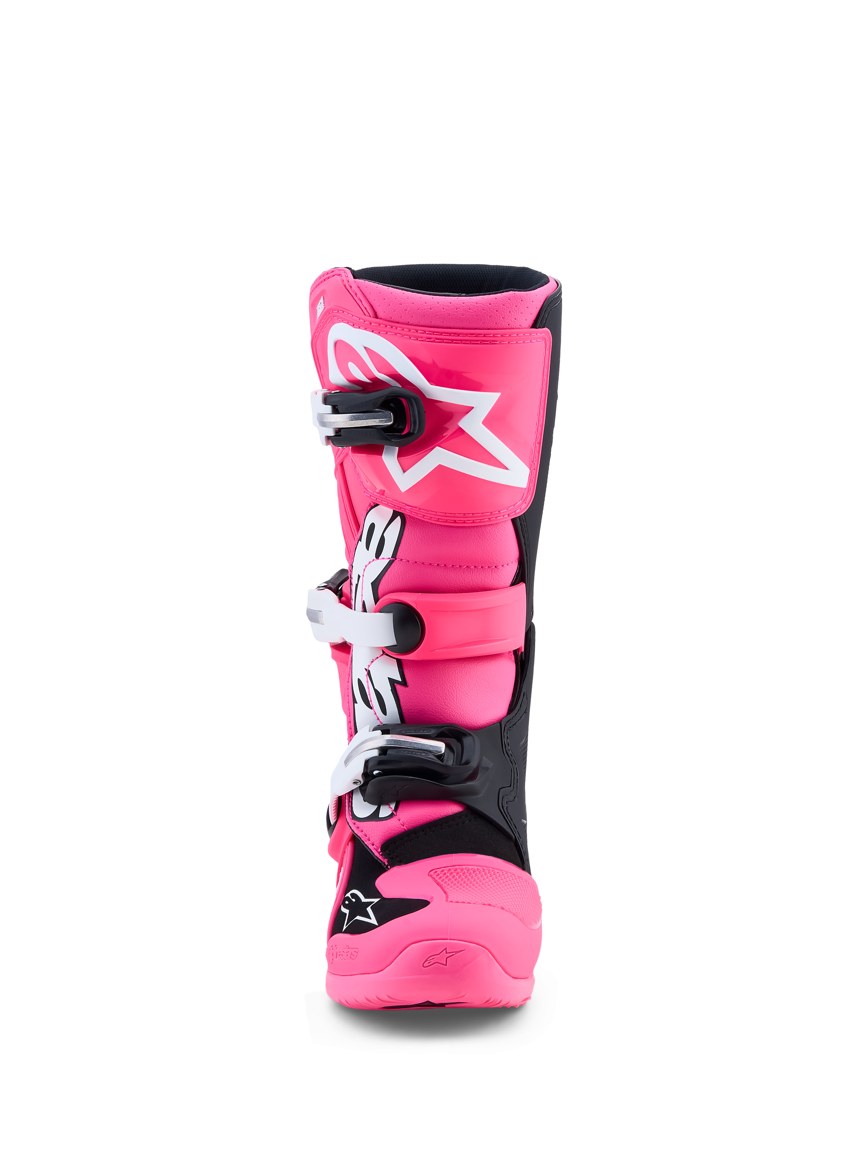 Alpinestars Stivali Tech 7S Ragazzo, stivali da motocross rosa fluo e neri con parastinchi in TPU e fibbie a sgancio rapido, certificati CE.