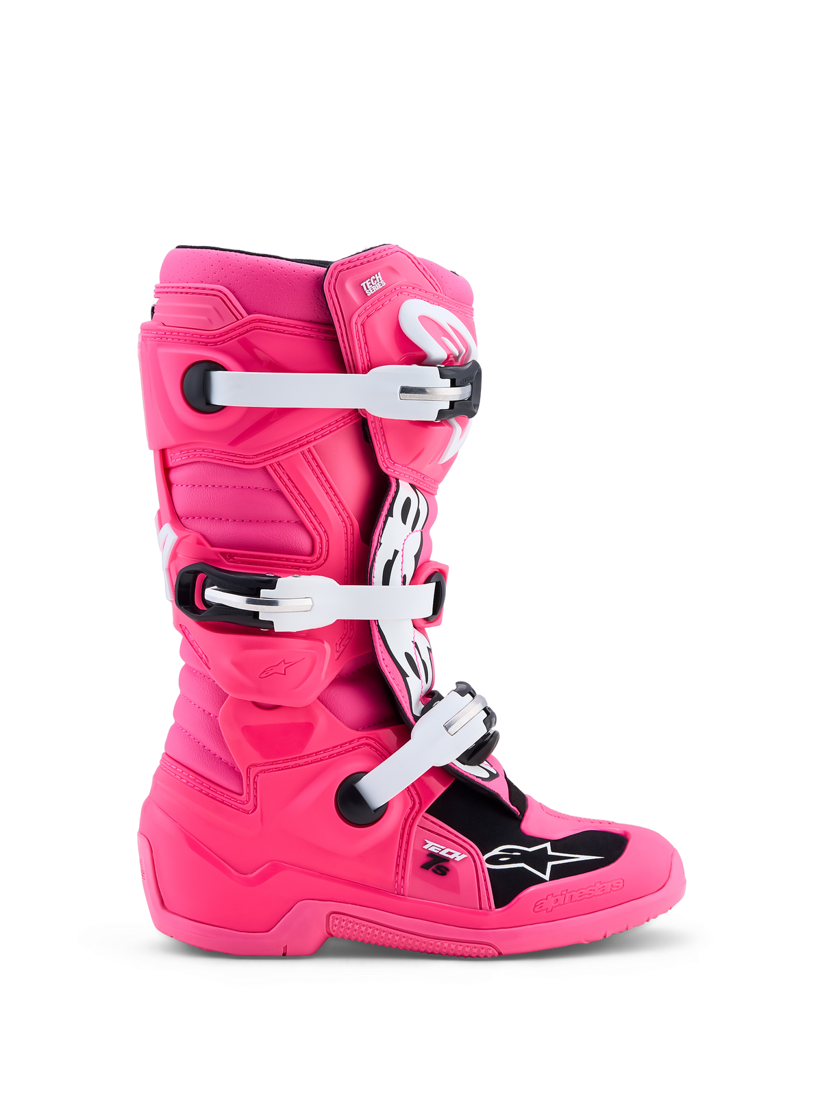 Alpinestars Stivali Tech 7S Ragazzo, stivali da motocross rosa fluo e neri, fibbie bianche e protezioni in TPU