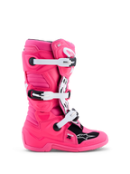 Alpinestars Stivali Tech 7S Ragazzo, stivali da motocross rosa fluo e neri, fibbie bianche e protezioni in TPU