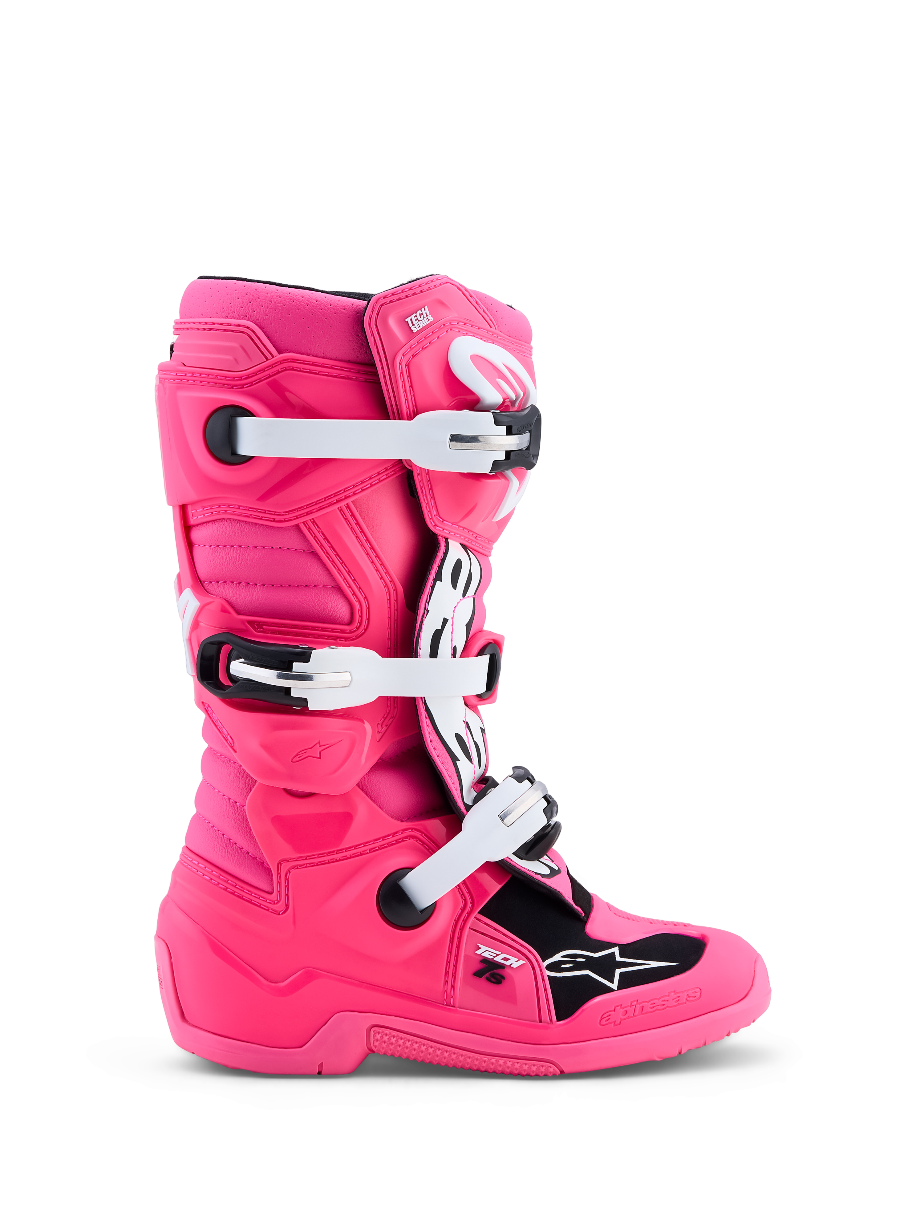Alpinestars Stivali Tech 7S Ragazzo, stivali da motocross rosa fluo e neri, fibbie bianche e protezioni in TPU