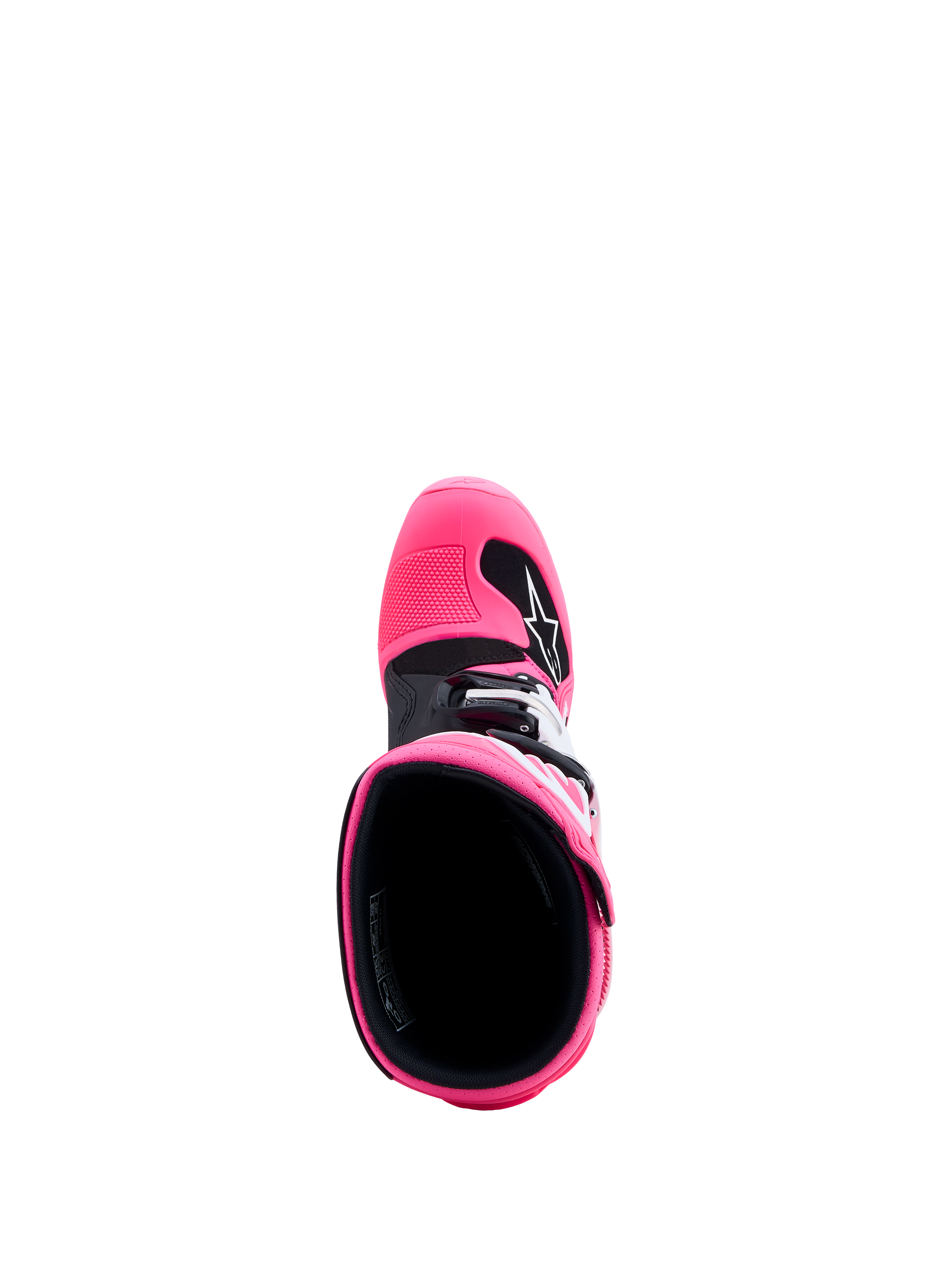 Alpinestars Stivali Tech 7S Ragazzo, stivali da motocross rosa fluo e neri, vista dall'alto dell'interno e protezioni in TPU.