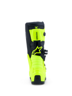 Alpinestars Stivali Tech 7S Ragazzo, stivali da motocross giallo fluo e neri, vista posteriore con pannelli in TPU e logo.